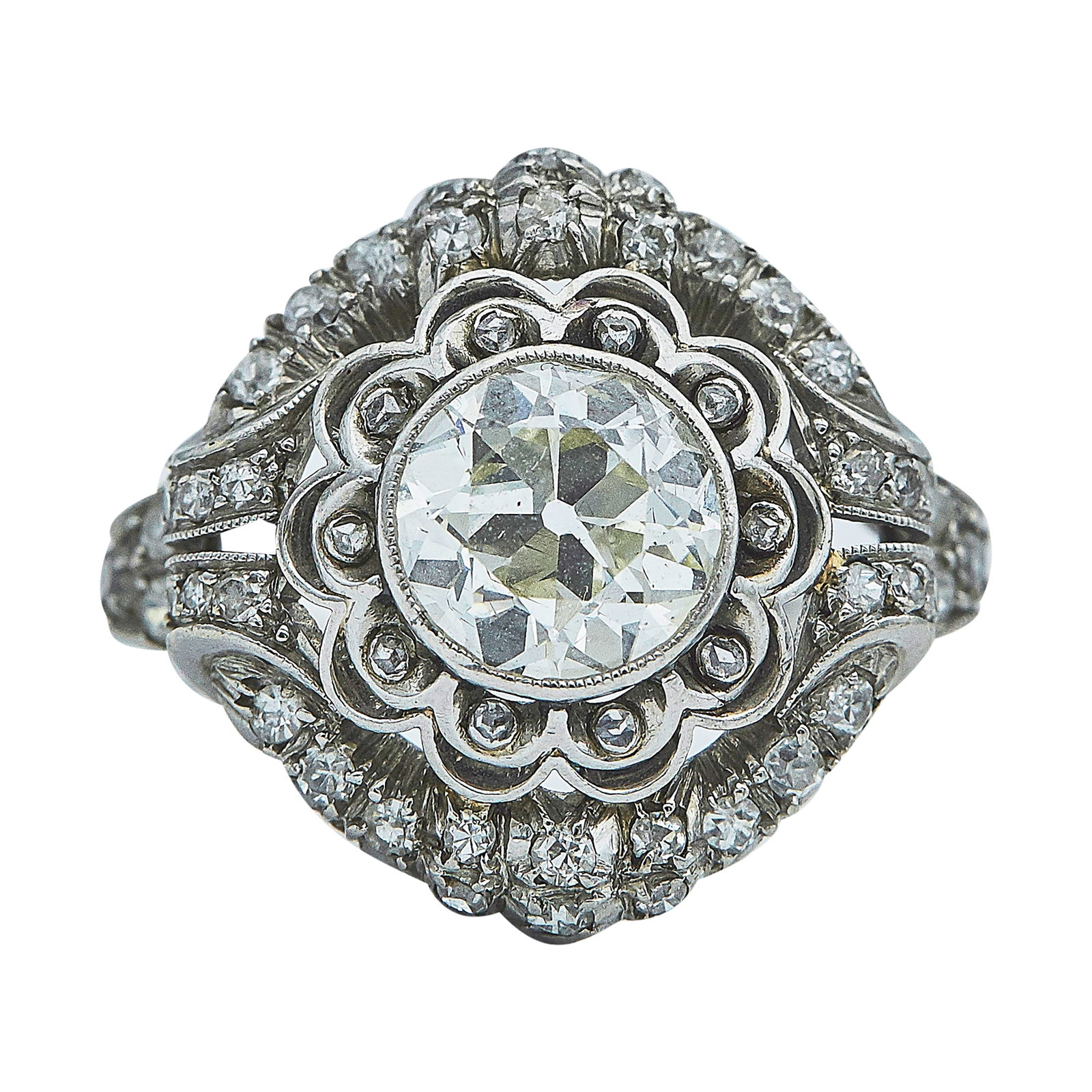 Art Deco Platinum and Old European Cut Diamond Cluster Ring: METAL: Platinum; APPROXIMATE TOTAL DIAMOND WEIGHT: 1.80 ctw; GEMSTONES: Rose cut diamond carat weight not available due to cut and formula limitations; TESTED: Platinum; CONDITION: Pre-owned, Good; IT