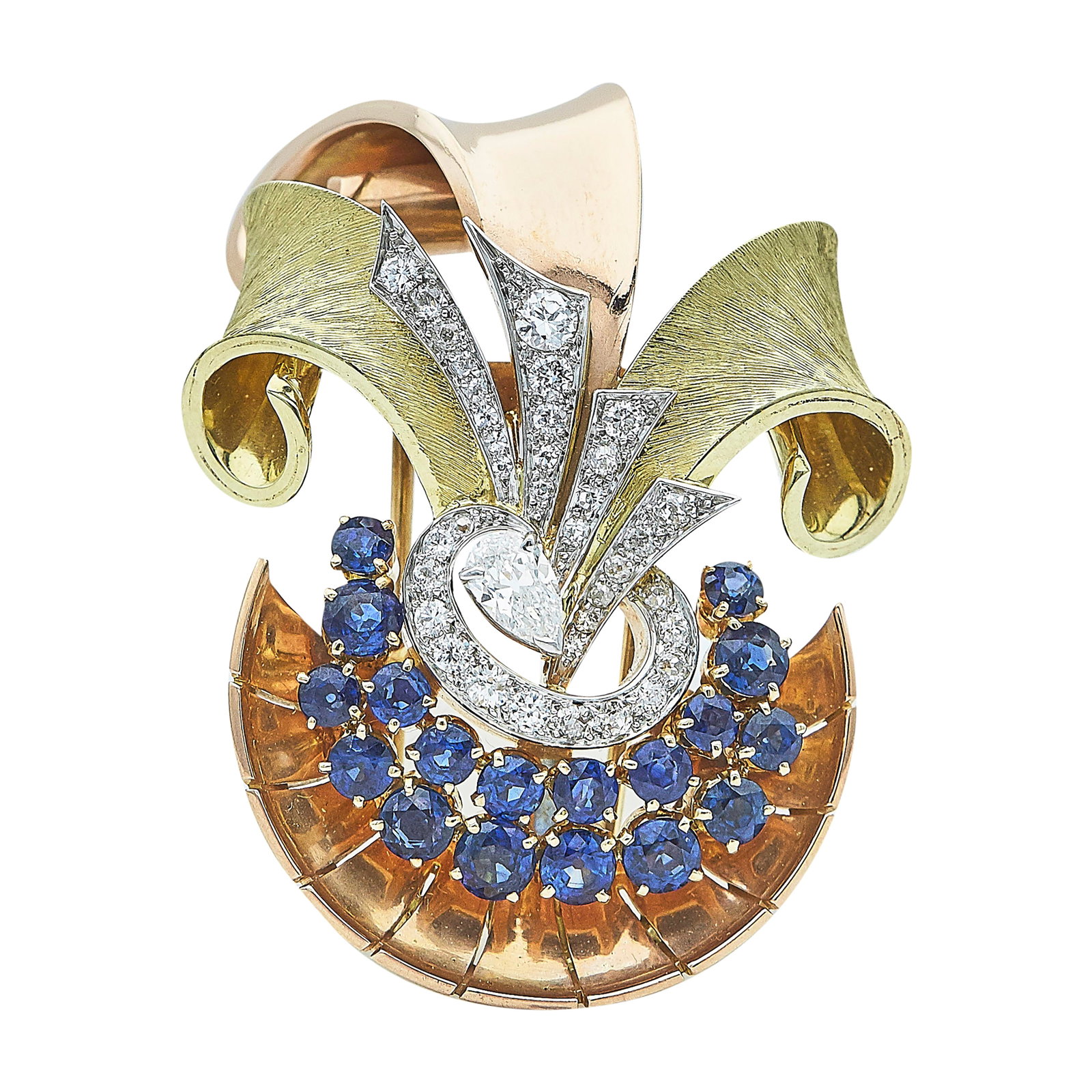 Retro 14K Yellow and Rose Gold, Diamond, and Sapphire Stylistic Rosette Pin Brooch (1 of 3)