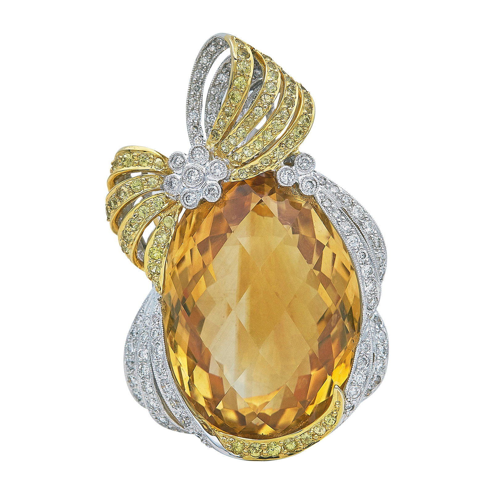 18K White and Yellow Gold Citrine, Diamond, and Yellow Sapphire Pendant: METAL: 18K White Gold/Yellow Gold; APPROXIMATE TOTAL DIAMOND WEIGHT: 1 ctw; GEMSTONES: Double Rose Cut Citrine approx. 78.6 carats, Weight estimated by formula; STAMPED: 7889, 18K, 750, S102, D108; CO