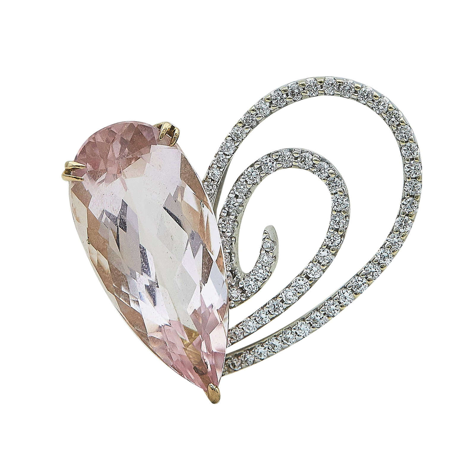 18K White and Rose Gold Kunzite and Diamond Abstract Heart Pendant: METAL: 18K White Gold; APPROXIMATE TOTAL DIAMOND WEIGHT: 0.39 ctw; GEMSTONES: Pear shaped Kunzite approx. 7.24 carats, Weight estimated by formula; STAMPED: 7.24 D039 750; CONDITION: Pre-owned, Good; 