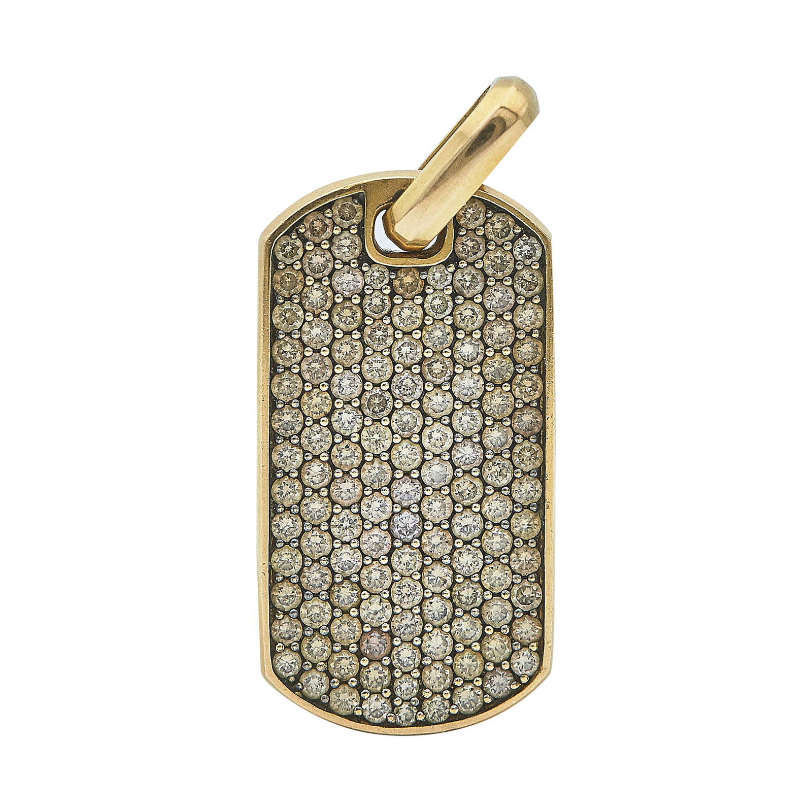 David Yurman Chevron Collection 18K Rose Gold and Brown Diamond Tag Pendant: BRAND: David Yurman; METAL: 18K Rose Gold; GEMSTONES: Brown diamonds approx. 3.45 carats, Weight estimated by formula; STAMPED: © DY, 750; CONDITION: Pre-owned, Good; ITEM WEIGHT (GRAMS): 14.4 g; MEA