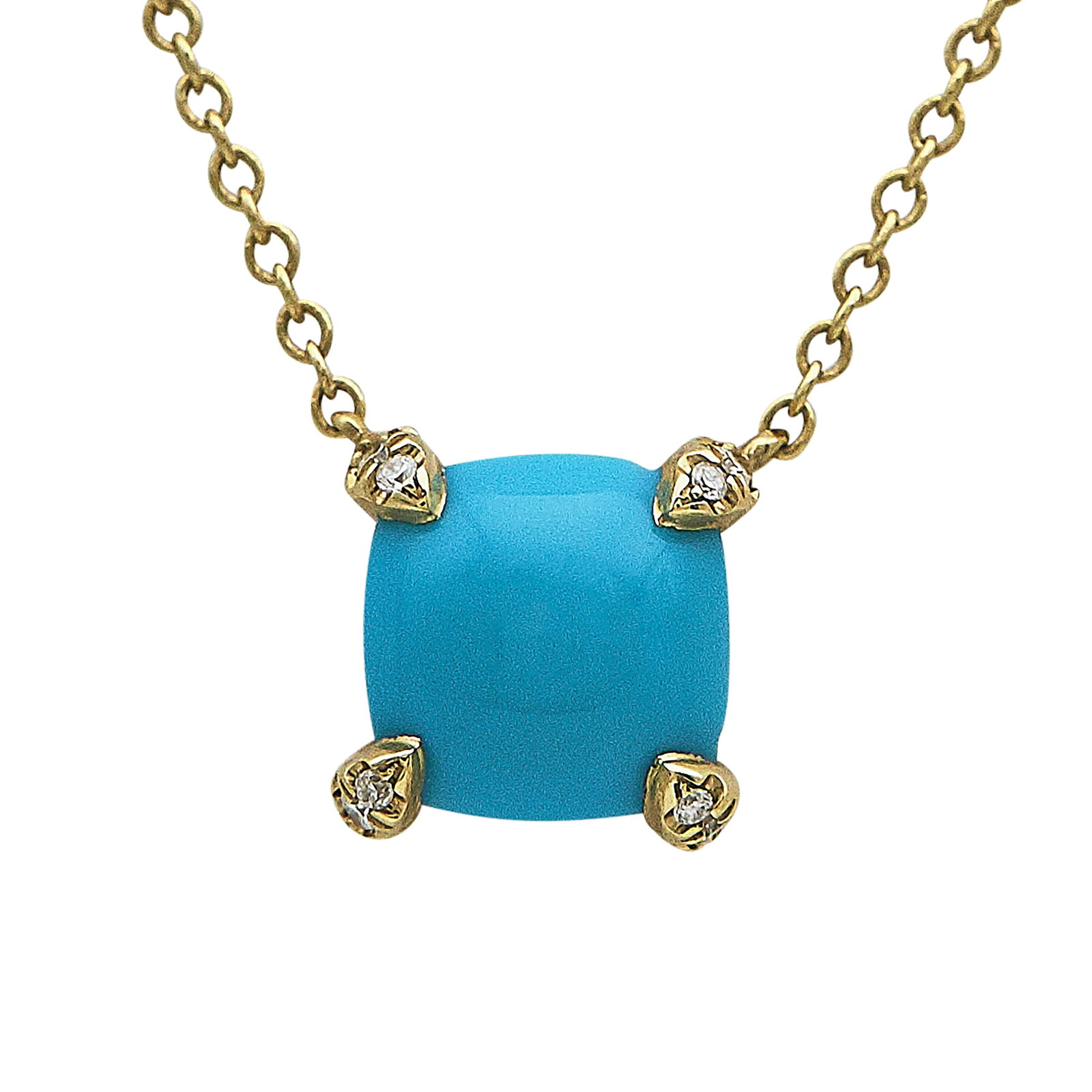 David Yurman Chatelaine 18K Yellow Gold, Turquoise, and Diamond Pendant Necklace: BRAND: David Yurman; COLLECTION: Chatelaine; METAL: 18K Yellow Gold; APPROXIMATE TOTAL DIAMOND WEIGHT: 0.02 ctw; GEMSTONES: Turquoise; STAMPED: © DY, 750; CONDITION: Pre-owned, Very Good; ITEM WEIGHT