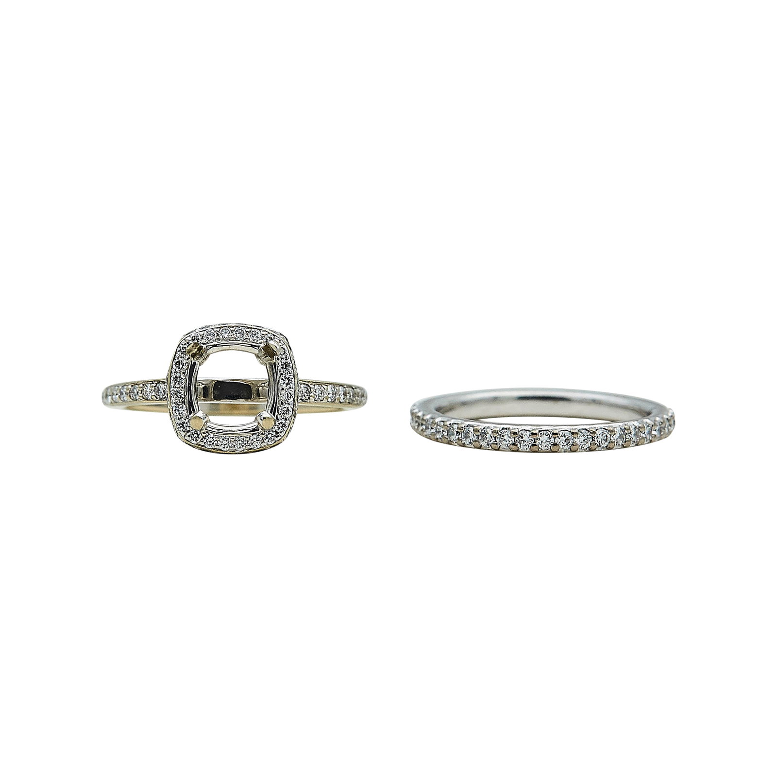 18K White Gold and Diamond Halo Ring and Band Bridal Mounting Set: METAL: 18K White Gold; APPROXIMATE TOTAL DIAMOND WEIGHT: 1.17 ctw; STAMPED: 18K, Maker's mark; CONDITION: Pre-owned, Very Good; ITEM WEIGHT (GRAMS): 5.8 g; MEASUREMENTS: Rings size 5 1/4, Center will 