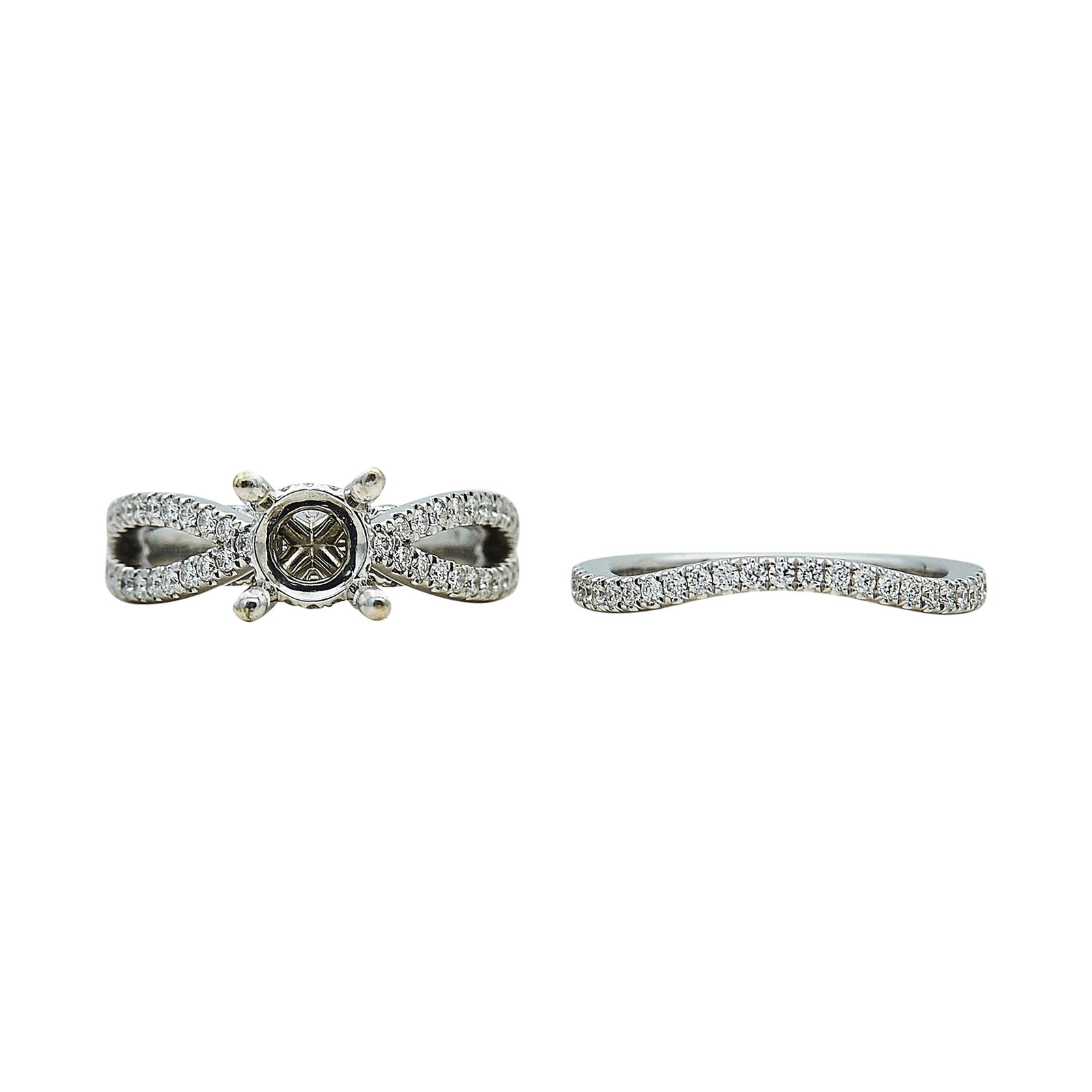 Gabriel & Co 14K White Gold and Diamond Bridal Band & Ring Mounting Set: BRAND: Gabriel & Co; METAL: 14K White Gold; APPROXIMATE TOTAL DIAMOND WEIGHT: 1.65 ctw; STAMPED: Gabriel ltd., 14K, Serial number; CONDITION: Pre-owned, Very Good; ITEM WEIGHT (GRAMS): 7.2 g; MEASUREM