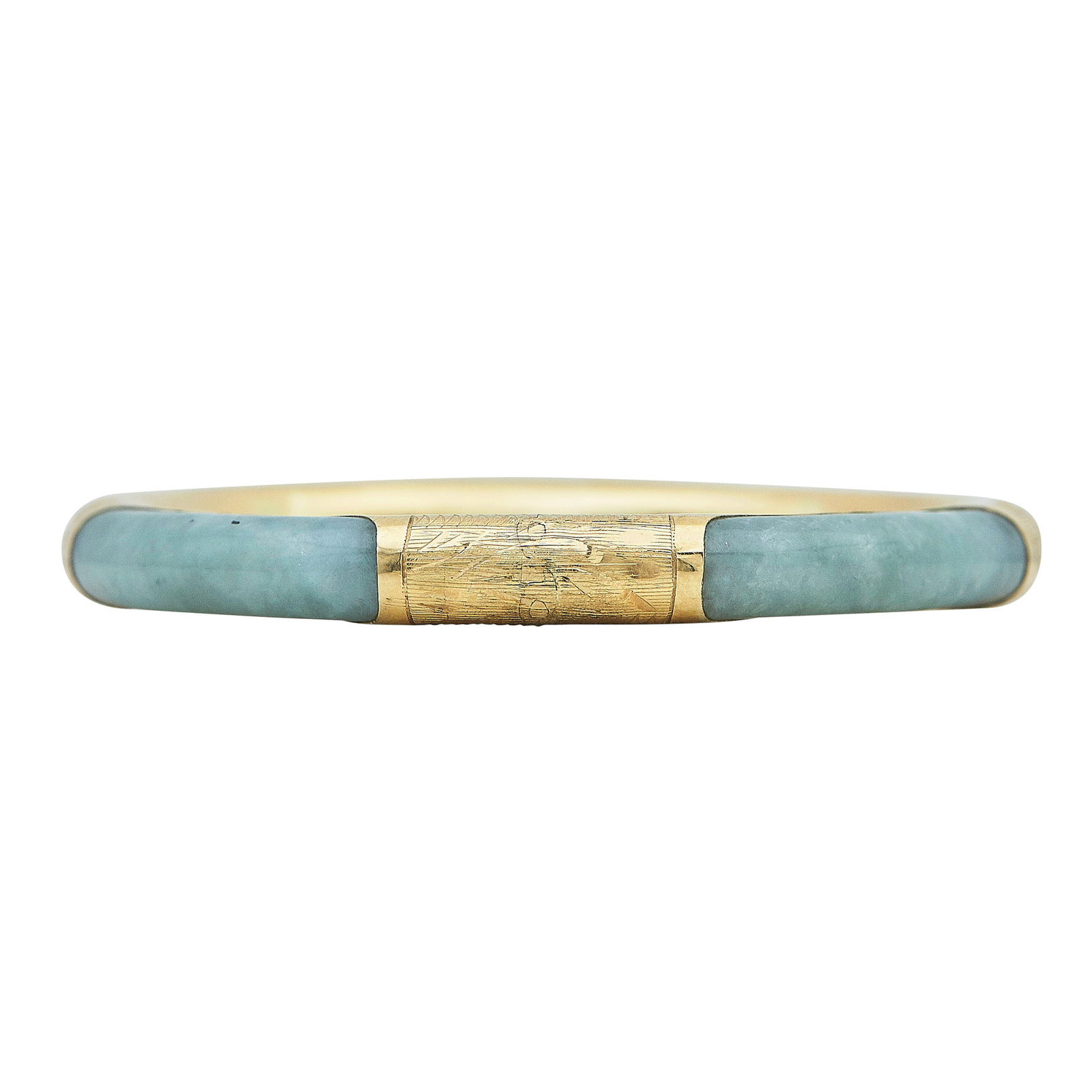 14K Yellow Gold and Jade Bangle Bracelet: METAL: 14K Yellow Gold; GEMSTONES: Jade; STAMPED: 14K, 585; CONDITION: Pre-owned, Very Good; ITEM WEIGHT (GRAMS): 26 g; MEASUREMENTS: Bracelet inner circumference approx. 7 inches; ADDITIONAL COMMENTS