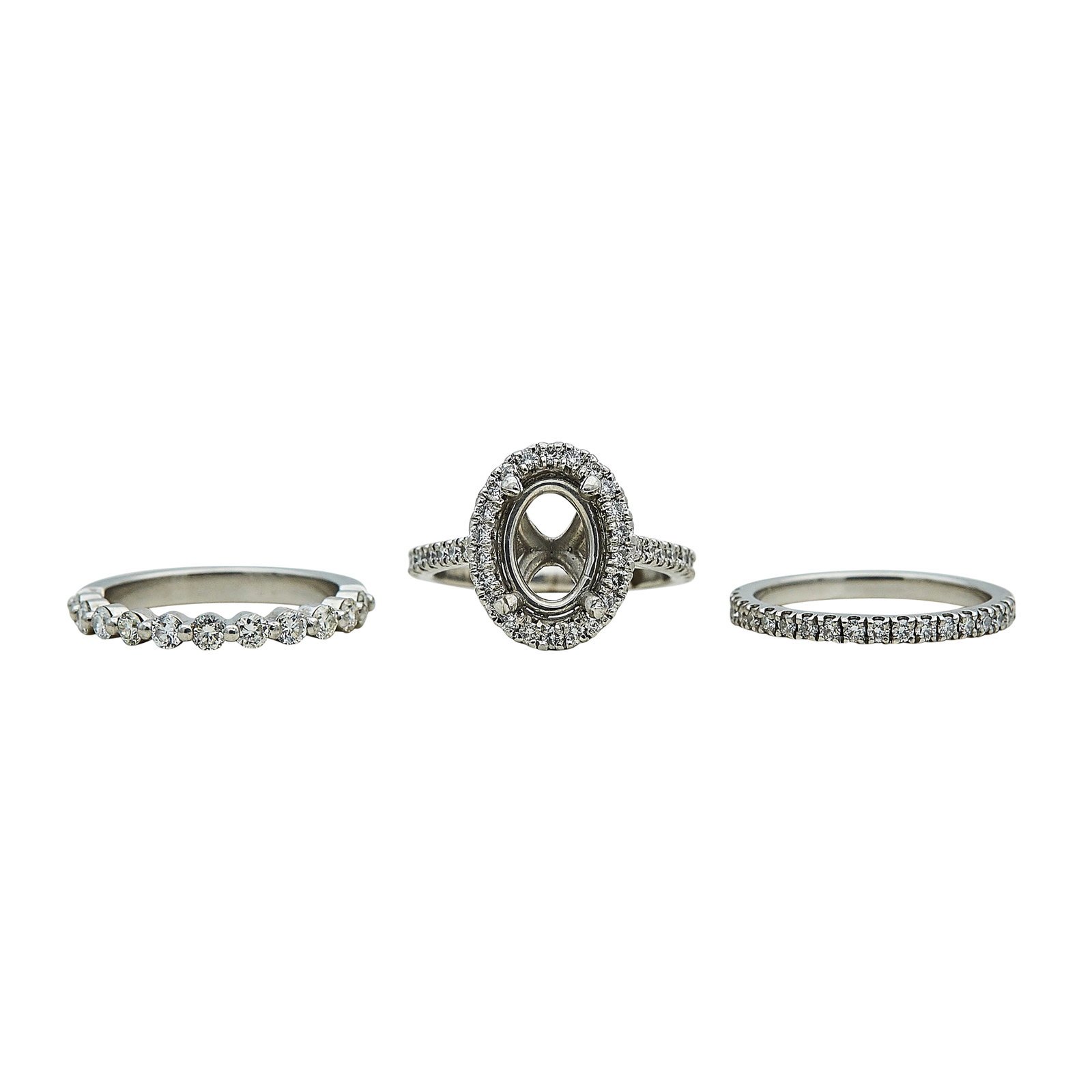 Platinum and Diamond Bridal Bands & Halo Engagement Ring Mounting Set: METAL: Platinum; APPROXIMATE TOTAL DIAMOND WEIGHT: 1.35 ctw; STAMPED: Ring with open setting mark: PLAT; TESTED: Platinum; CONDITION: Pre-owned, Very Good; ITEM WEIGHT (GRAMS): 15.1 g; MEASUREMENTS: R