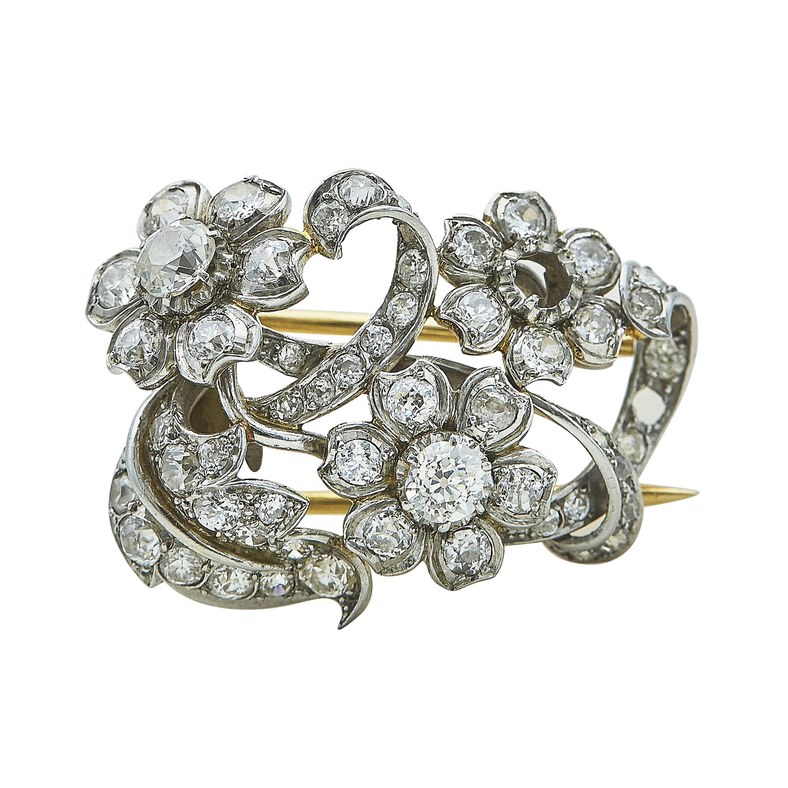 Platinum and Old European Cut Diamond Floral Pin Brooch (1 of 3)