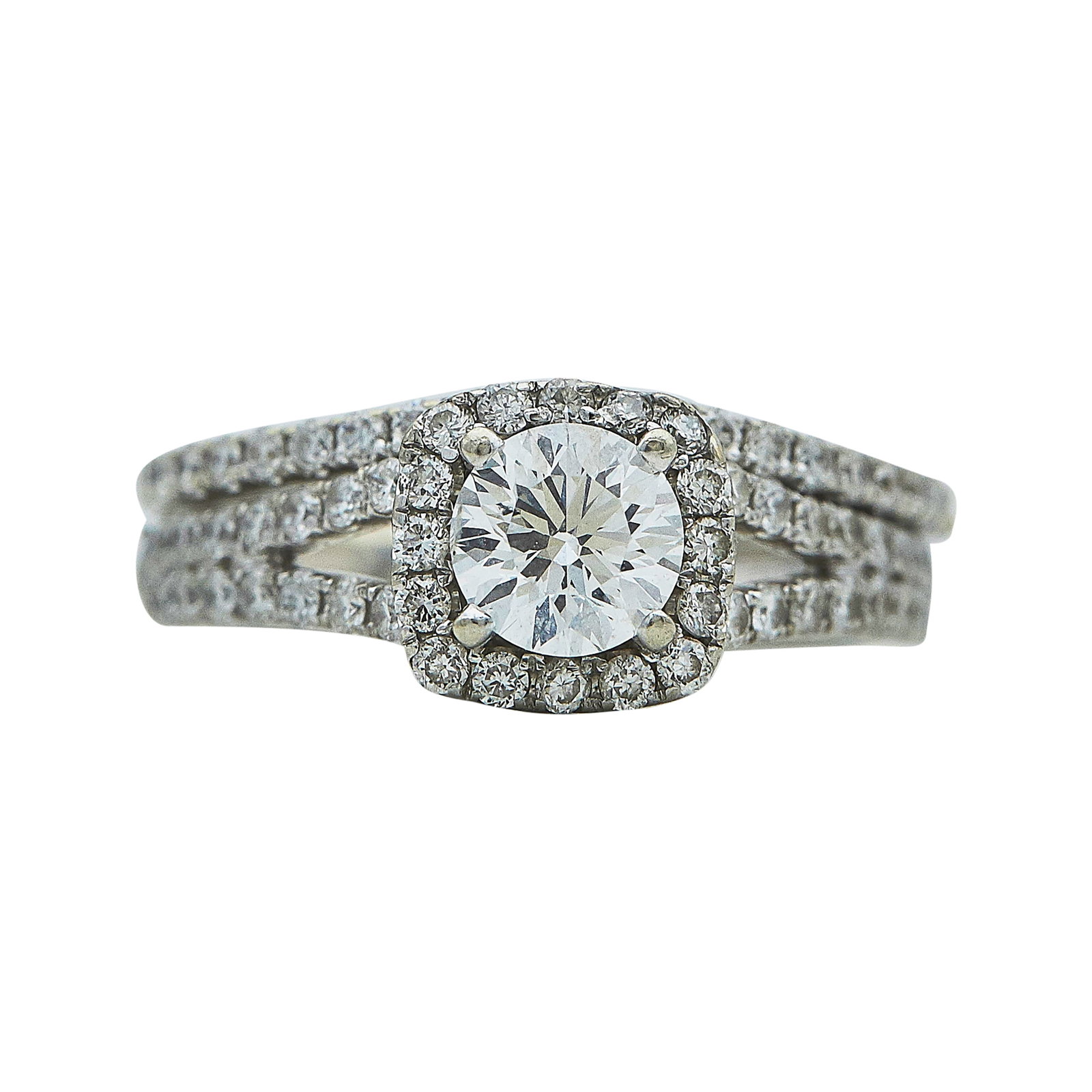 14K White Gold and Round Brilliant Cut Diamond Ring: METAL: 14K White Gold; APPROXIMATE TOTAL DIAMOND WEIGHT: 1.15 ctw; STAMPED: maker's mark, Celebration Fire, 14K, Celcadaeh; CONDITION: Pre-owned, Good; ITEM WEIGHT (GRAMS): 4.64 g; MEASUREMENTS: Ring 