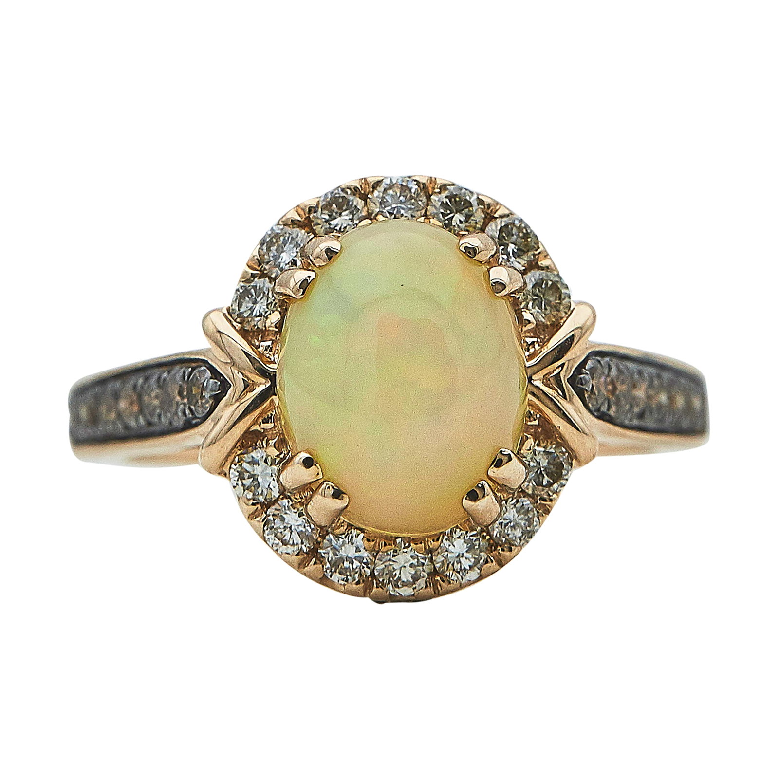 Le Vian 14K Rose Gold, Opal, and Diamond Ring: BRAND: Le Vian; METAL: 14K Rose Gold; APPROXIMATE TOTAL DIAMOND WEIGHT: 0.28 ctw; GEMSTONES: Opal approx. 3.07 carats, weight estimated by formula, Fancy colored diamonds approx. 0.17 carat total weig