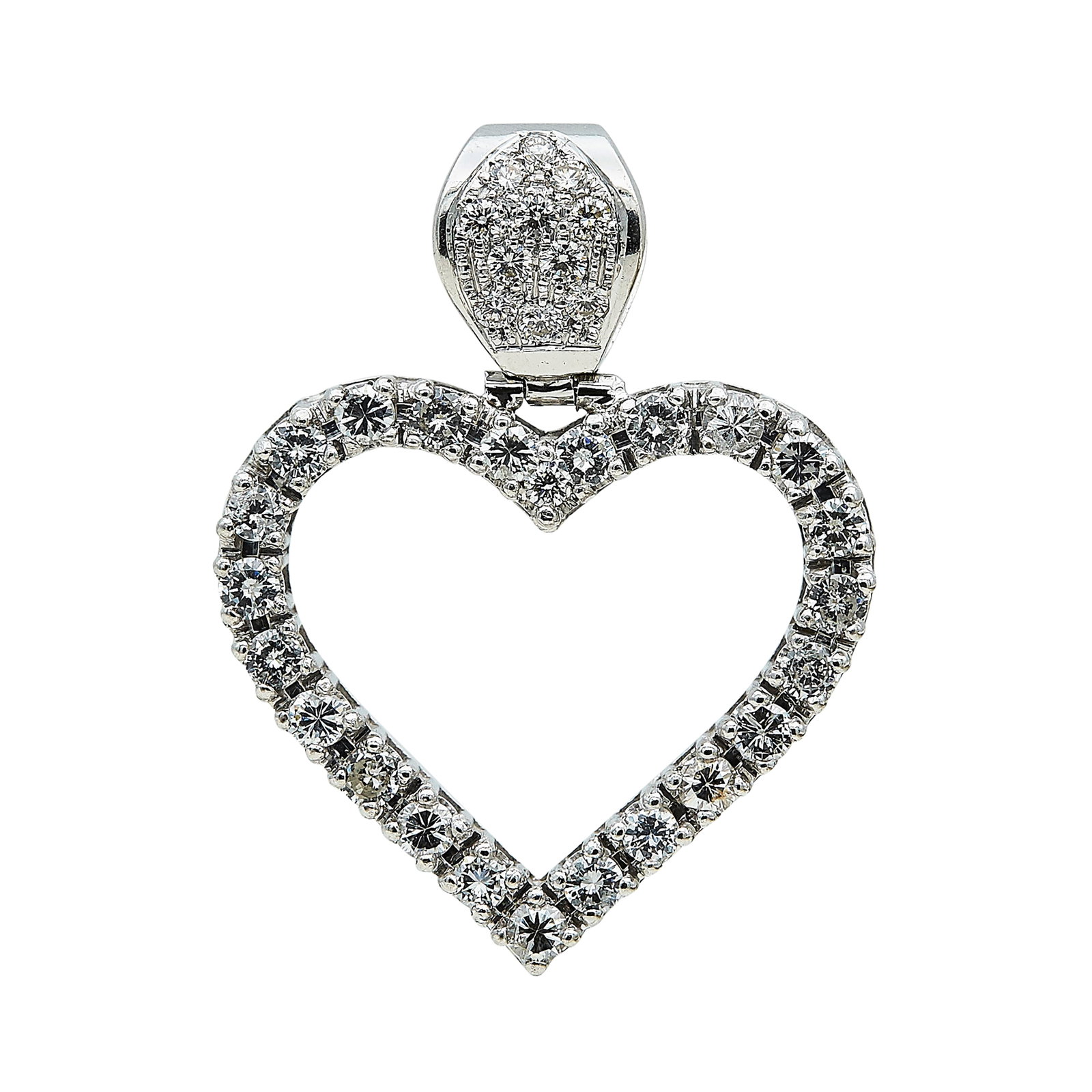18K White Gold and Diamond Heart Pendant: METAL: 18K White Gold; APPROXIMATE TOTAL DIAMOND WEIGHT: 2.25 ctw; TESTED: 18K White Gold; CONDITION: Pre-owned, Very Good; ITEM WEIGHT (GRAMS): 12.1 g; MEASUREMENTS: Pendant 1 1/2 inch long including