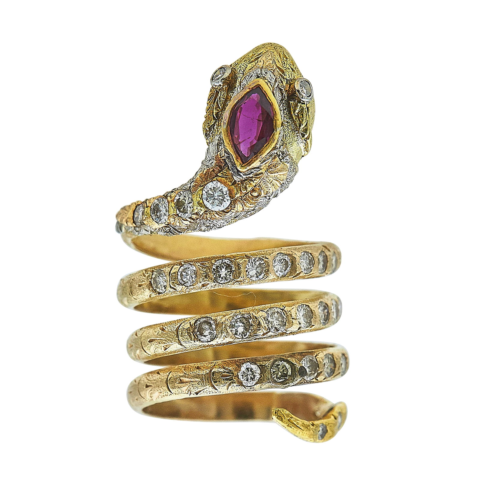 Cazzaniga 18K Yellow Gold, Ruby, and Diamond Coiled Snake Ring: METAL: 18K Yellow Gold; GEMSTONES: Ruby approx. 0.65 carats, Weight estimated by formula; STAMPED: Cazzaniga; TESTED: 18K Yellow Gold; CONDITION: Pre-owned, Good; ITEM WEIGHT (GRAMS): 18.7 g; MEASUREM