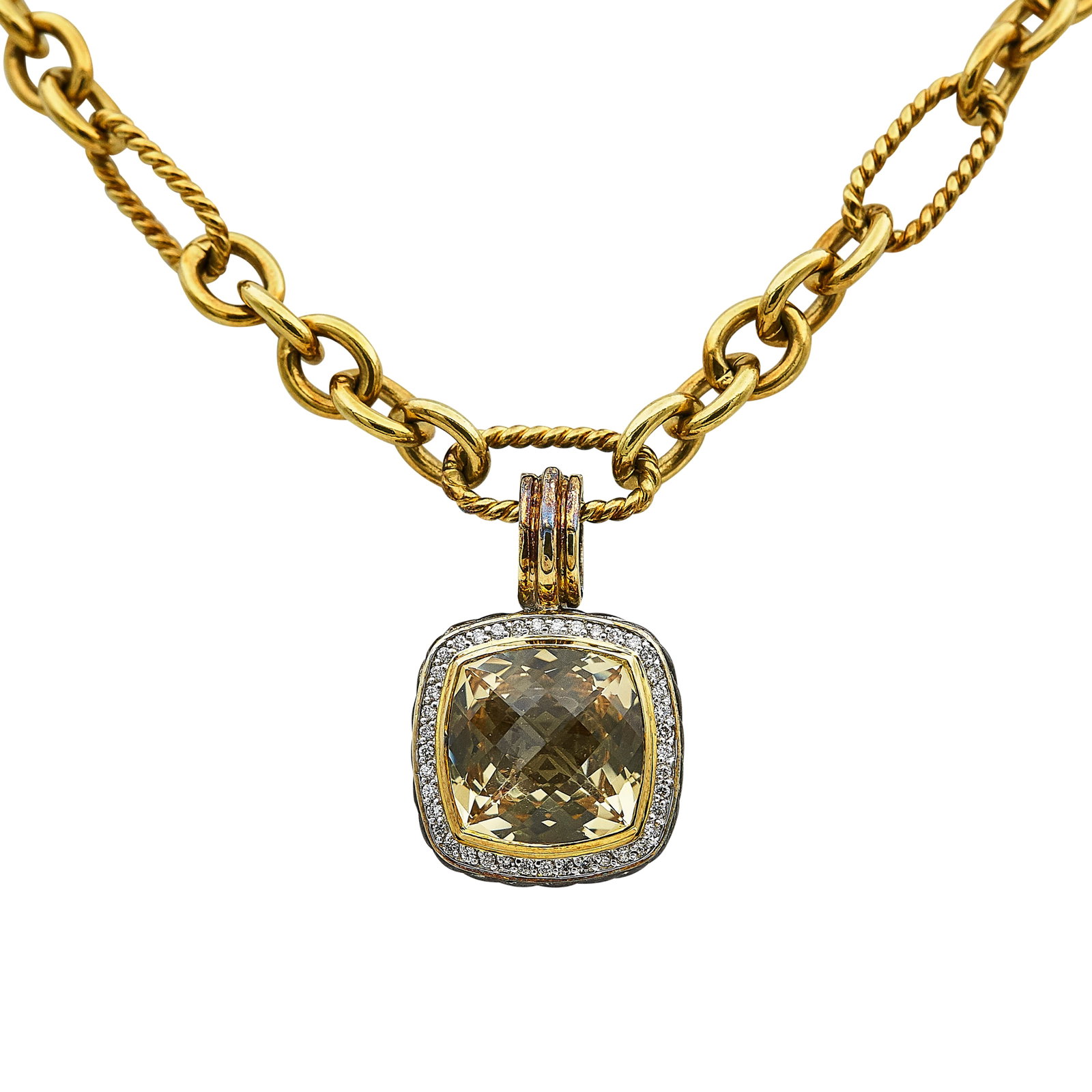 David Yurman 18K Yellow Gold, Silver Sterling Silver, Citrine, and Diamond Pendant Necklace: BRAND: David Yurman; METAL: 18K Yellow Gold/Silver; APPROXIMATE TOTAL DIAMOND WEIGHT: 0.35 ctw; GEMSTONES: Citrine; STAMPED: © D.Y., 750, 925, Maker's marks; CONDITION: Pre-owned, Very Good; ITEM WEI