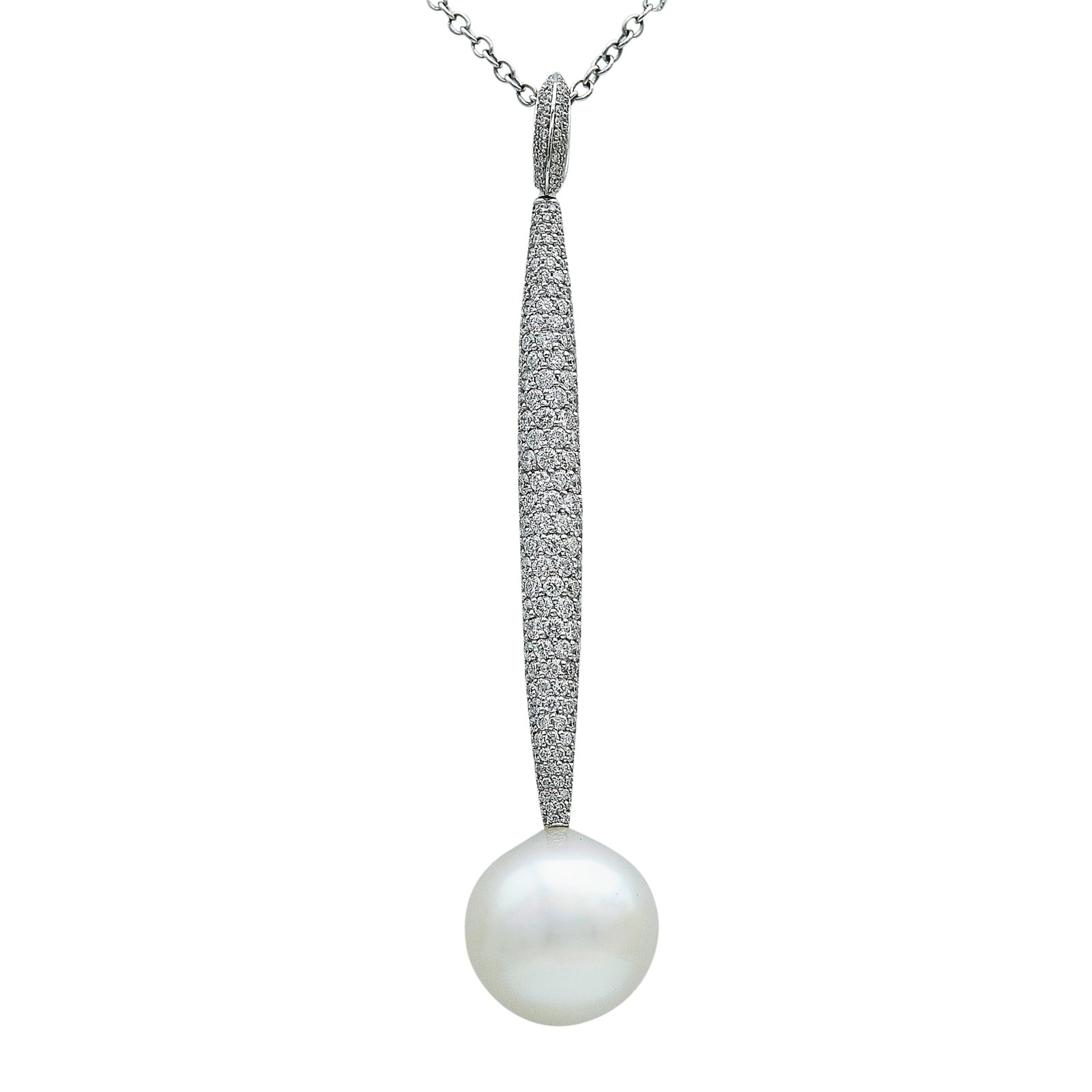 18K White Gold, Diamond, and Pearl Drop Pendant Necklace: METAL: 18K White Gold; APPROXIMATE TOTAL DIAMOND WEIGHT: 5.50 ctw; GEMSTONES: Pearl approx. 15.00 mm in diameter; STAMPED: Maker's mark, 750, Italian workshop mark; CONDITION: Pre-owned, Very Good; IT