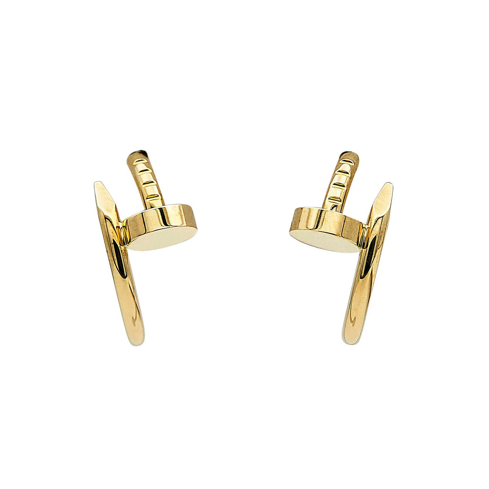 Cartier Juste un Clou 18K Yellow Gold Huggie Earrings: BRAND: Cartier; COLLECTION: Juste un Clou; METAL: 18K Yellow Gold; STAMPED: © Cartier, Serial number, Au750, Maker's mark; CONDITION: Pre-owned, Very Good; ITEM WEIGHT (GRAMS): 5.2 g; MEASUREMENTS: E