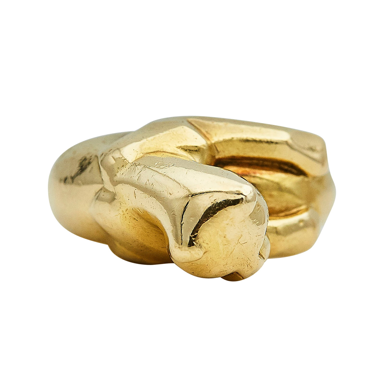 Cartier Panthère de Cartier 18K Yellow Gold, Emerald, and Onyx Panther Ring: BRAND: Cartier; COLLECTION: Panthère de Cartier; METAL: 18K Yellow Gold; GEMSTONES: Emerald and Onyx, Emeralds are heavily abraded; STAMPED: Cartier, 750, Serial number, French mark; CONDITION: Pre-o