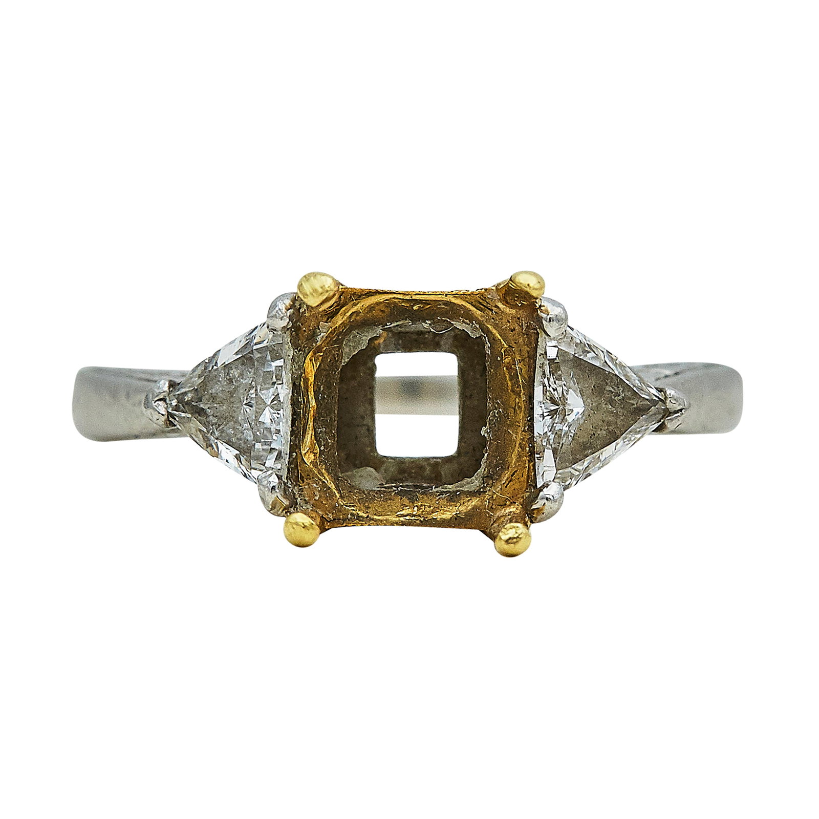 Platinum, 18K Yellow Gold, and Diamond Engagement Ring Setting: METAL: 18K Yellow Gold/Platinum; APPROXIMATE TOTAL DIAMOND WEIGHT: 0.76 ctw; STAMPED: Maker's mark, Plat, 750; CONDITION: Pre-owned, Good; ITEM WEIGHT (GRAMS): 5.2 g; MEASUREMENTS: Ring size 6 1/2, Ce