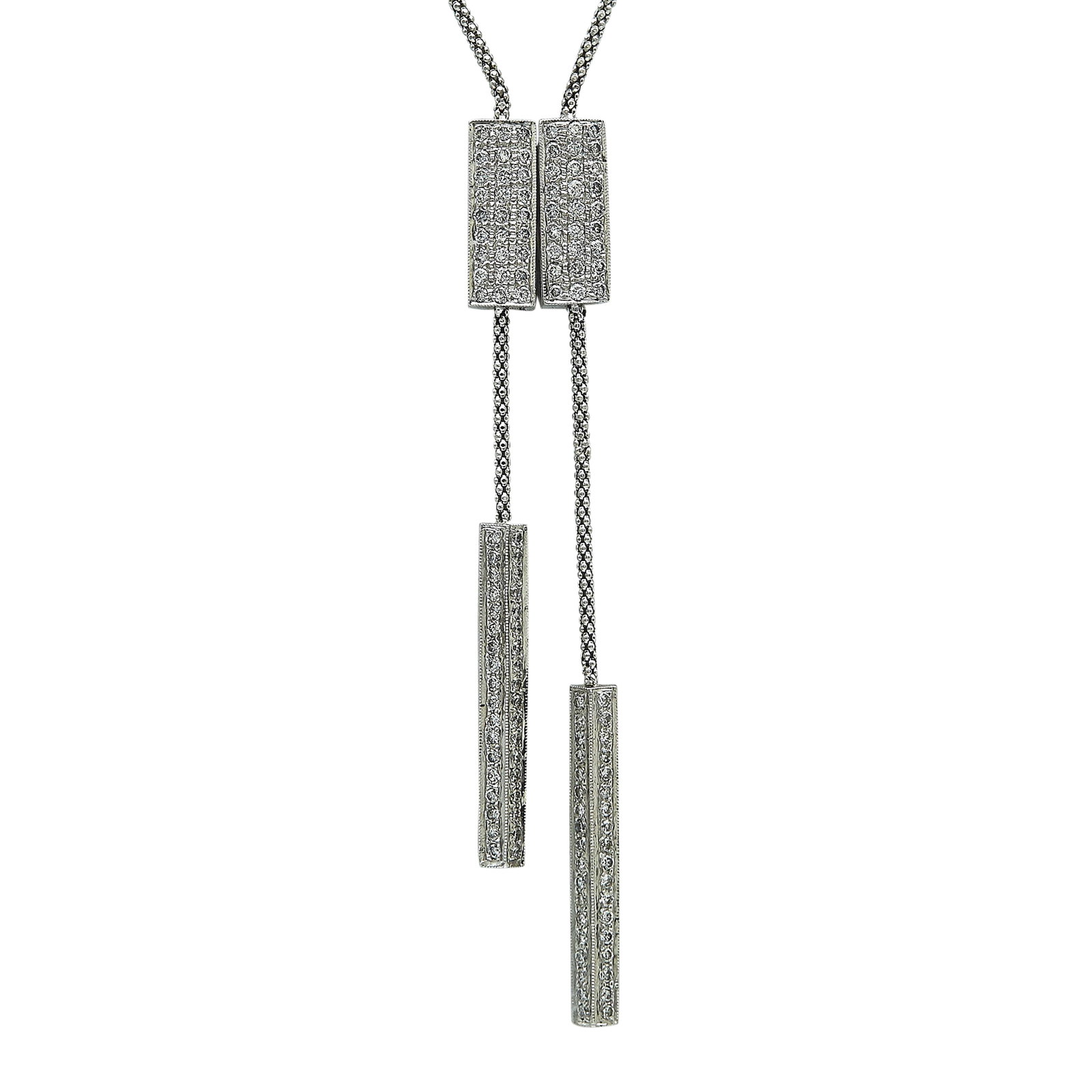 14K White Gold and Diamond Drop Necklace: METAL: 14K White Gold; APPROXIMATE TOTAL DIAMOND WEIGHT: 1.76 ctw; STAMPED: 14K, Undefined marks; CONDITION: Pre-owned, Good; ITEM WEIGHT (GRAMS): 13.4 g; MEASUREMENTS: Chain approx. 16 inches long, D