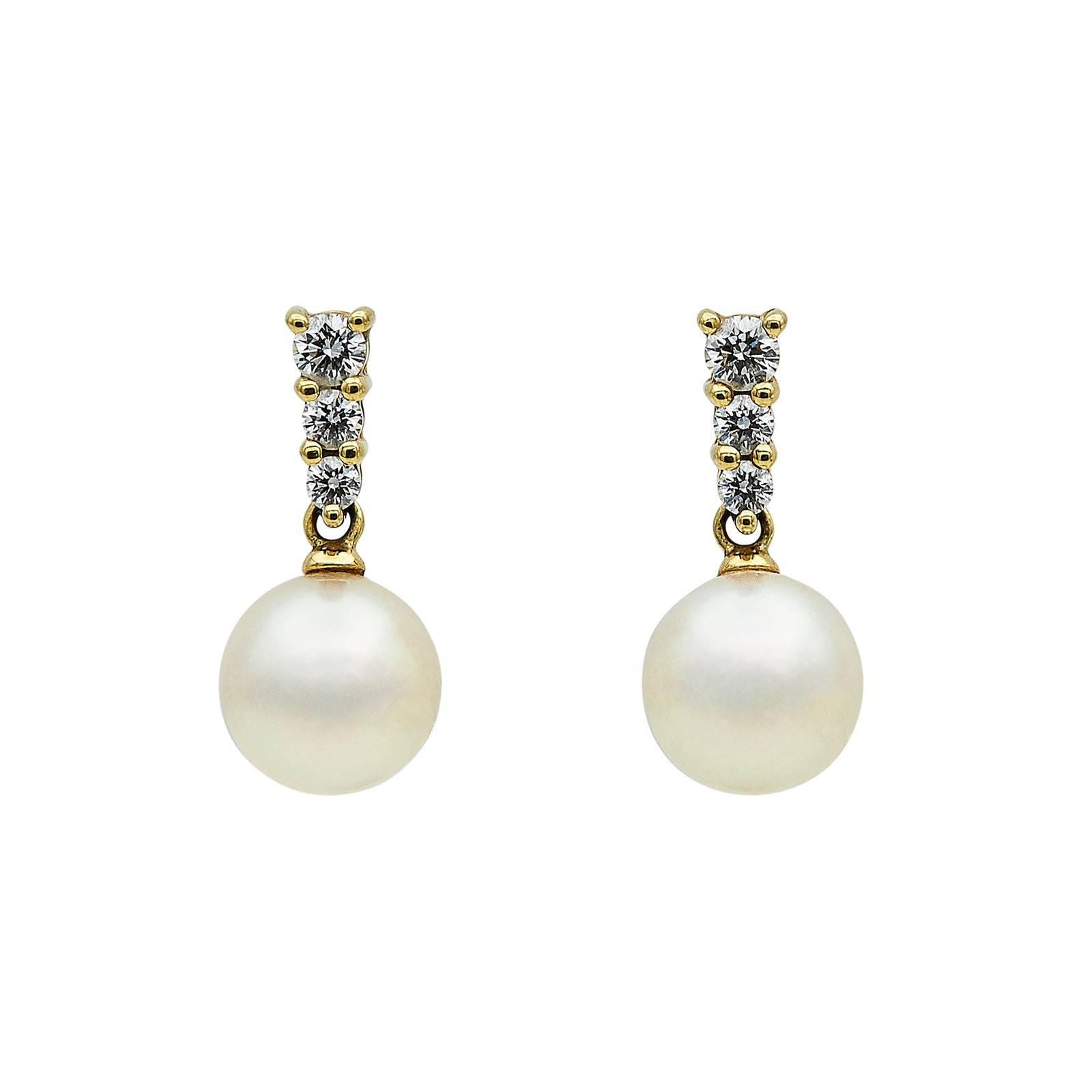 Mikimoto Morning Dew 18K Yellow Gold, Cultured Pearl, and Diamond Drop Earrings: BRAND: Mikimoto; METAL: 18K Yellow Gold; APPROXIMATE TOTAL DIAMOND WEIGHT: 0.29 ctw; GEMSTONES: Cultured Pearls approx. 8.00 mm in diameter; STAMPED: 750, Maker's mark; CONDITION: Pre-owned, Very Good