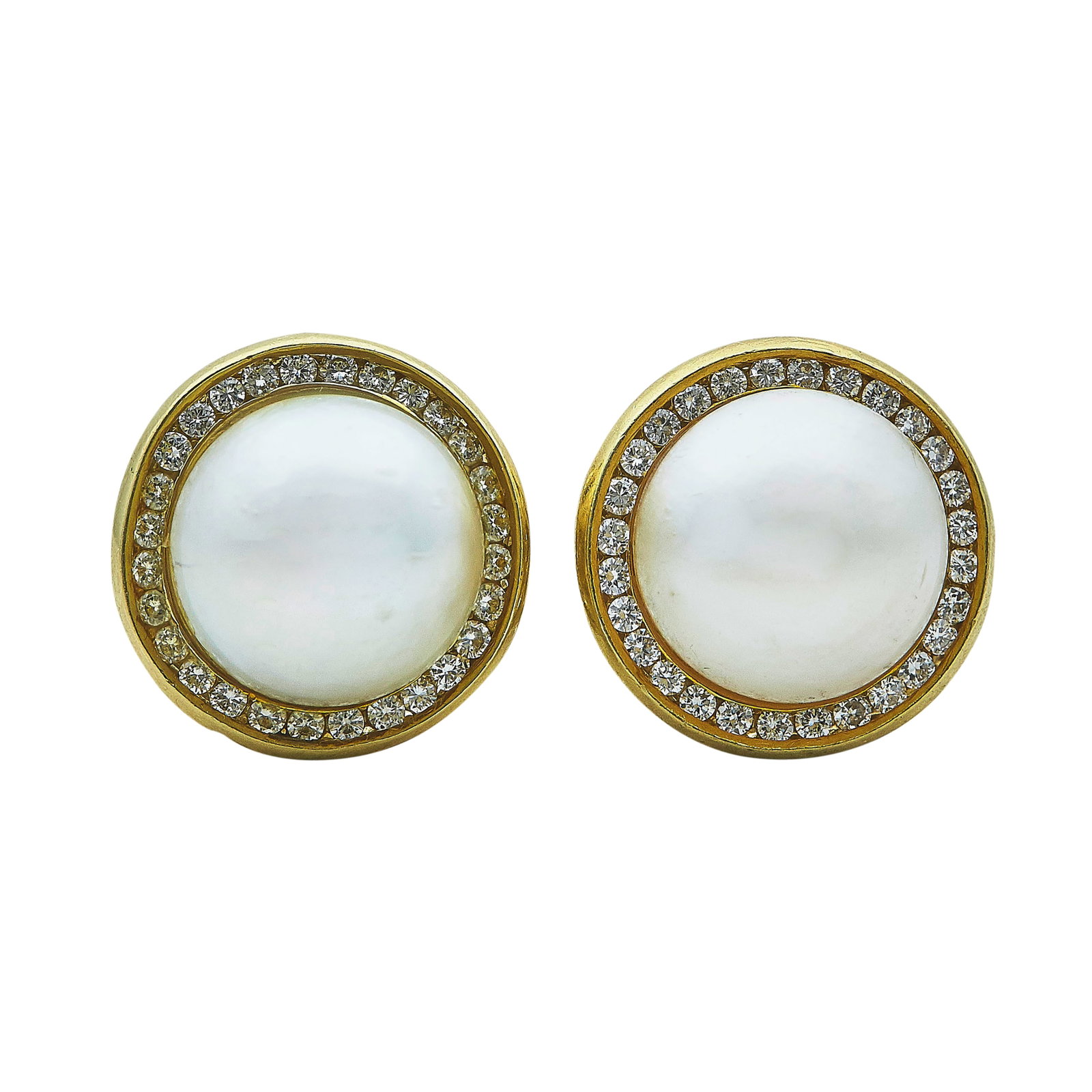 18K Yellow Gold, Mabe Pearl, and Diamond Halo Earrings: METAL: 18K Yellow Gold; APPROXIMATE TOTAL DIAMOND WEIGHT: 1 ctw; GEMSTONES: Mabe Pearl approx. 15.00 mm in diameter; STAMPED: 18K, Maker's mark; CONDITION: Pre-owned, Very Good; ITEM WEIGHT (GRAMS): 1