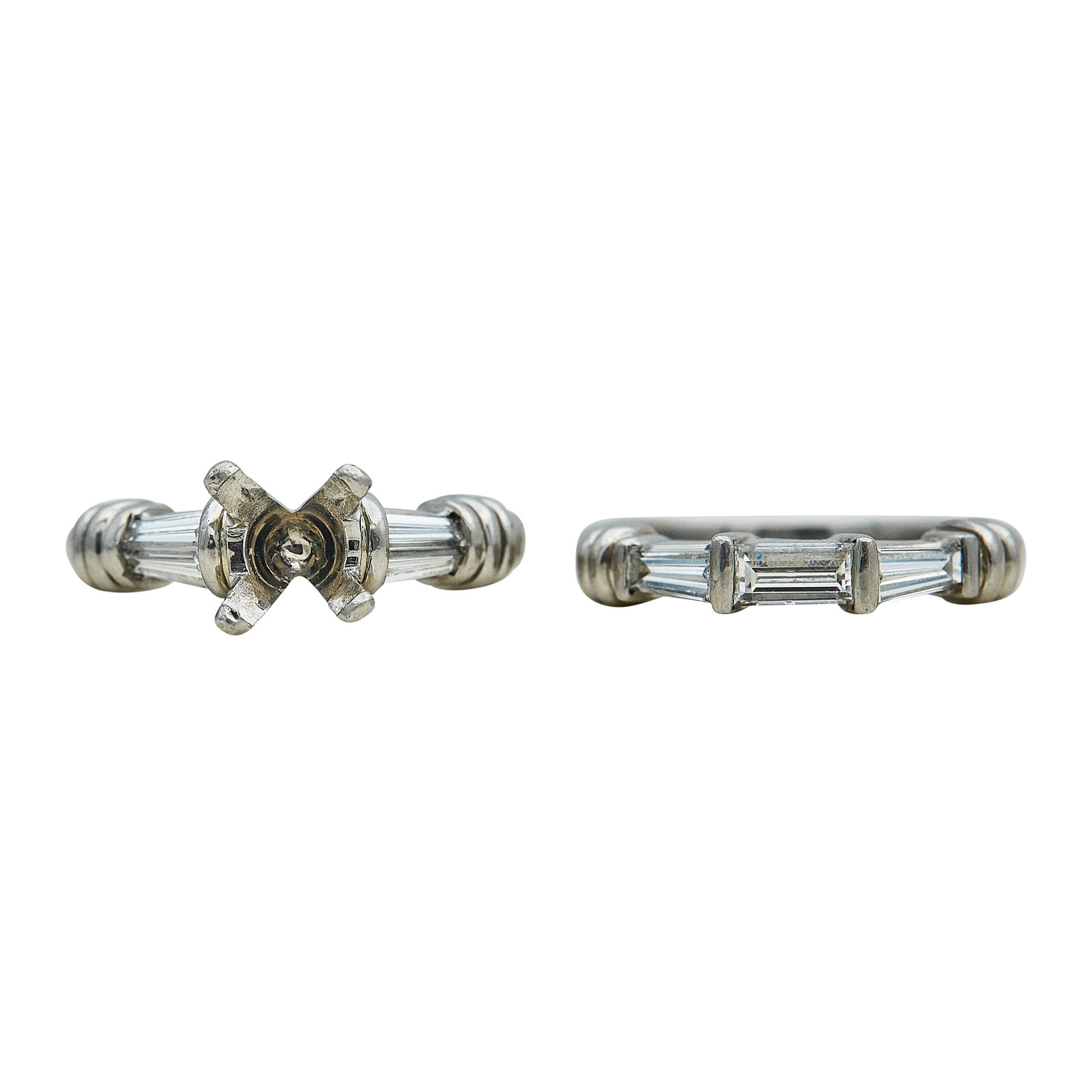 Scott Kay Platinum and Diamond Bridal Band & Ring Setting: BRAND: Scott Kay; METAL: Platinum; APPROXIMATE TOTAL DIAMOND WEIGHT: 1 ctw; STAMPED: Scottkay, PLAT; CONDITION: Pre-owned, Good; ITEM WEIGHT (GRAMS): 11 g; MEASUREMENTS: Rings sizes 4 1/4 and 4 1/2, C