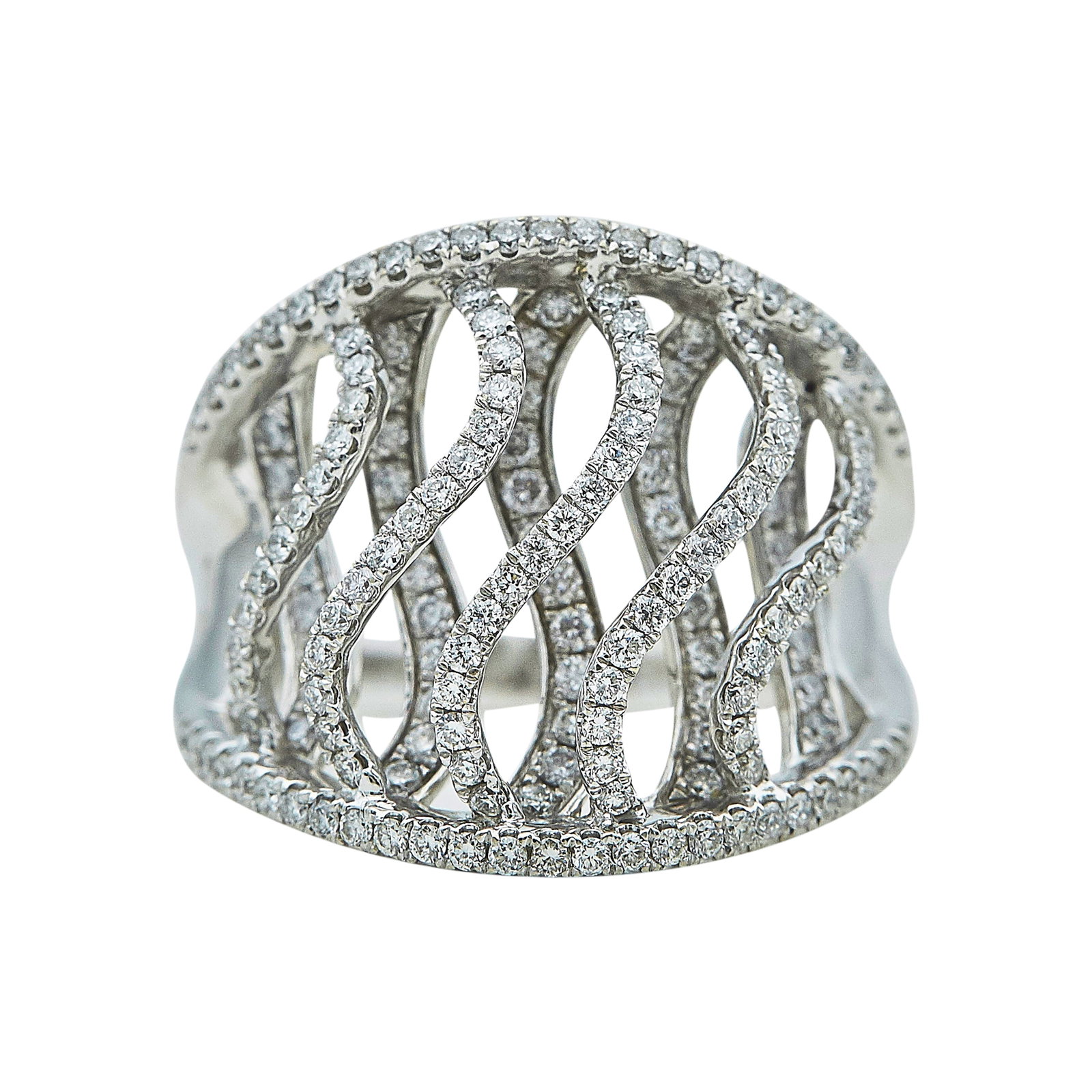 14K White Gold and Diamond Open-Work Statement Ring: METAL: 14K White Gold; APPROXIMATE TOTAL DIAMOND WEIGHT: 2 ctw; STAMPED: 14K, Gabriel & Co., Serial number; CONDITION: Pre-owned, Very Good; ITEM WEIGHT (GRAMS): 12.4 g; MEASUREMENTS: Ring size 8 3/4
