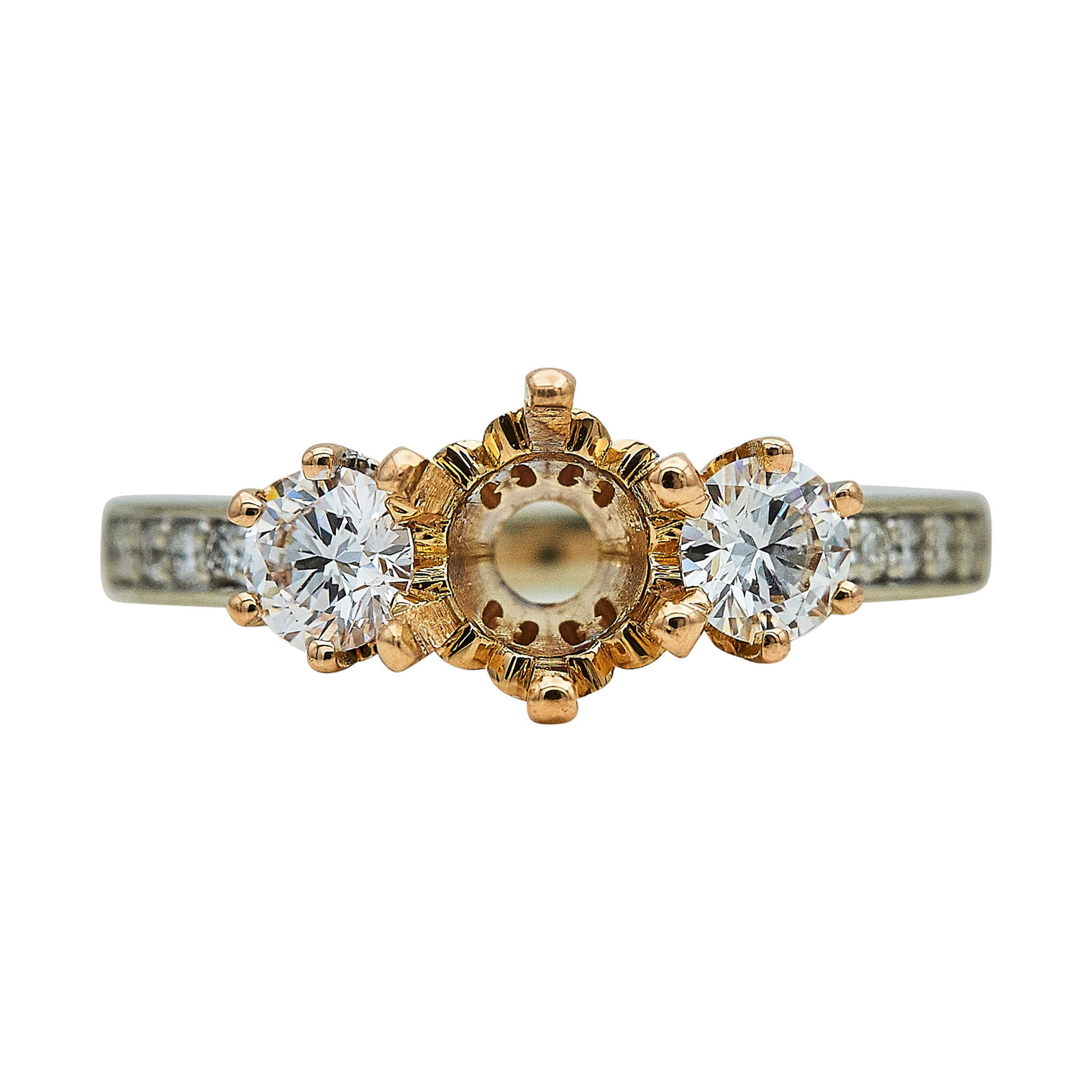 18K White & Rose Gold Diamond 3 Stone Ring Setting: METAL: 18K Rose Gold/White Gold; APPROXIMATE TOTAL DIAMOND WEIGHT: 0.74 ctw; STAMPED: Louis, 18K; CONDITION: Pre-owned, Very Good; ITEM WEIGHT (GRAMS): 4.6 g; MEASUREMENTS: Ring size 7 1/4, Center wil