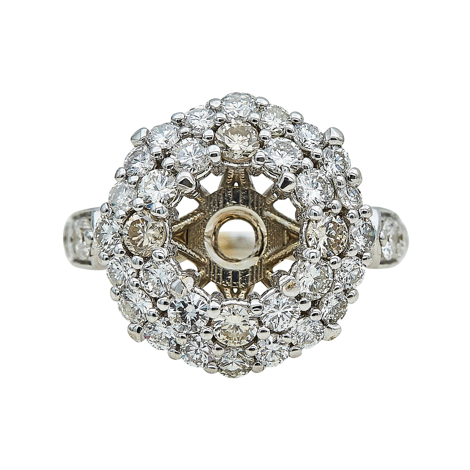 18K White Gold and Diamond Double-Halo Ring Setting: METAL: 18K White Gold; APPROXIMATE TOTAL DIAMOND WEIGHT: 2 ctw; STAMPED: 18K; CONDITION: Pre-owned, Very Good; ITEM WEIGHT (GRAMS): 7 g; MEASUREMENTS: Ring size 6 1/4, Center will fit approx. 8.23 mm 