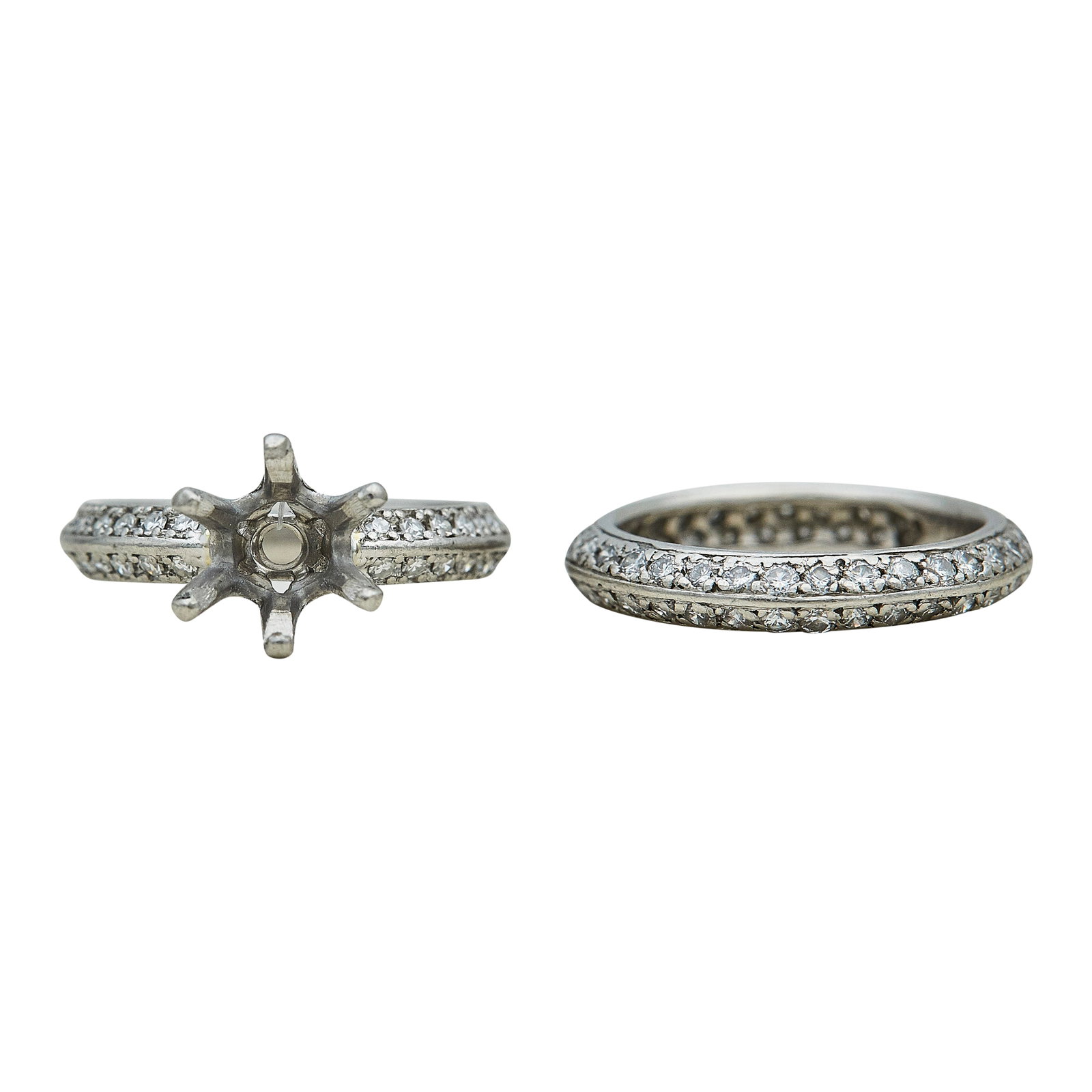 Platinum and Diamond Bridal Band & Ring Mounting Set: METAL: Platinum; APPROXIMATE TOTAL DIAMOND WEIGHT: 1.75 ctw; STAMPED: Band marked: PLAT, Undefined mark; Ring setting marked: SUWA, Pt950, Numbered; CONDITION: Pre-owned, Very Good; ITEM WEIGHT (GRAMS