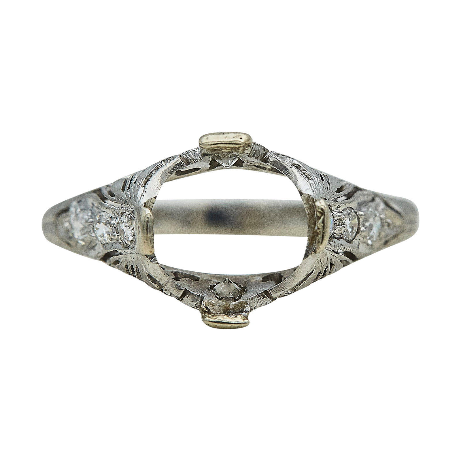 Platinum and Diamond Ring Setting: METAL: Platinum; APPROXIMATE TOTAL DIAMOND WEIGHT: 0.24 ctw; TESTED: Platinum; CONDITION: Pre-owned, Good; ITEM WEIGHT (GRAMS): 4 g; MEASUREMENTS: Ring size 7 1/4, Center will fit approx. 8.84 round
