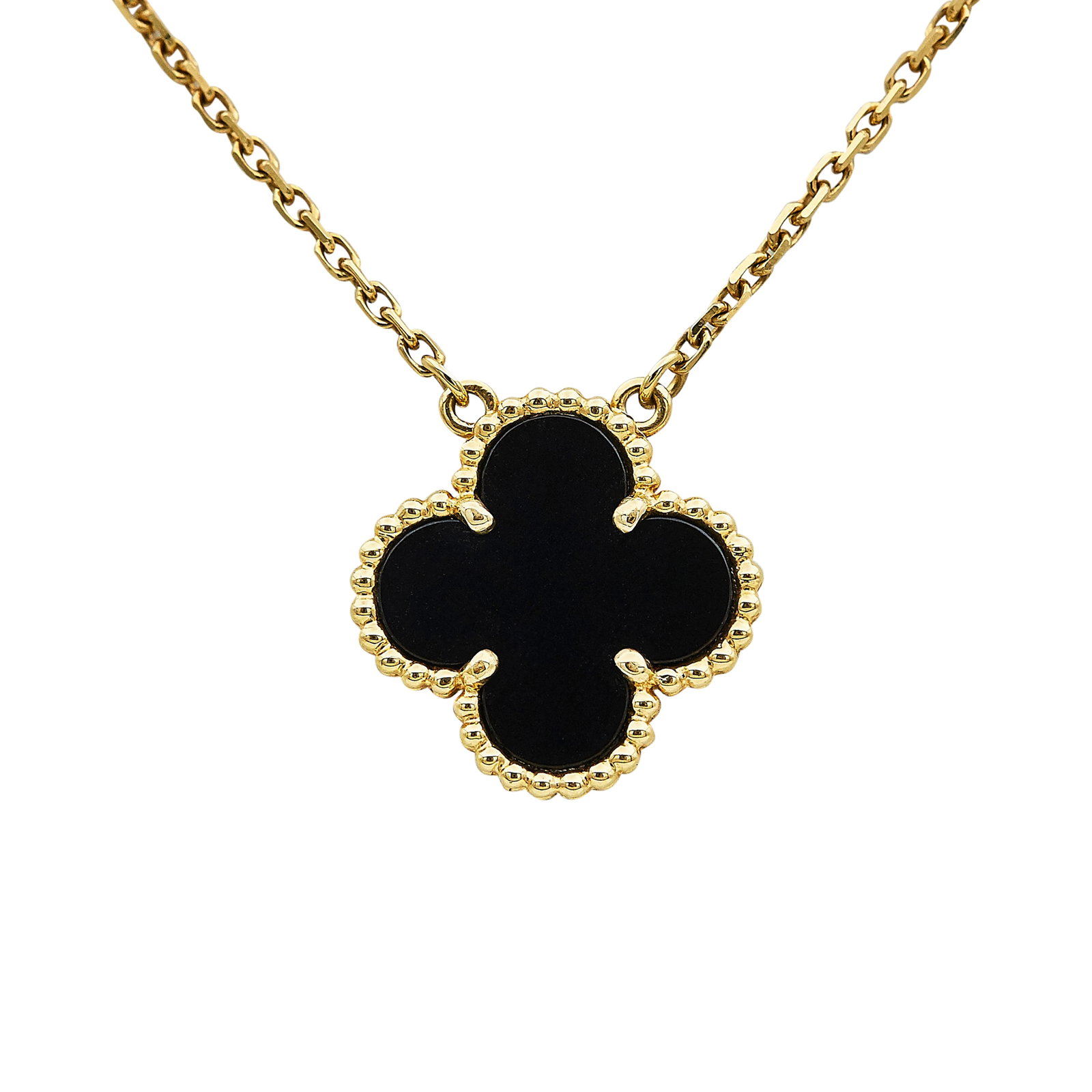 Van Cleef & Arpels Alhambra Vintage 18K Yellow Gold and Onyx Pendant Necklace: BRAND: VCA; COLLECTION: Alhambra (Vintage); METAL: 18K Yellow Gold; GEMSTONES: Onyx; STAMPED: VCA, Au750, Serial number, Maker's mark; CONDITION: Pre-owned, Very Good; ITEM WEIGHT (GRAMS): 5 g; MEASUR