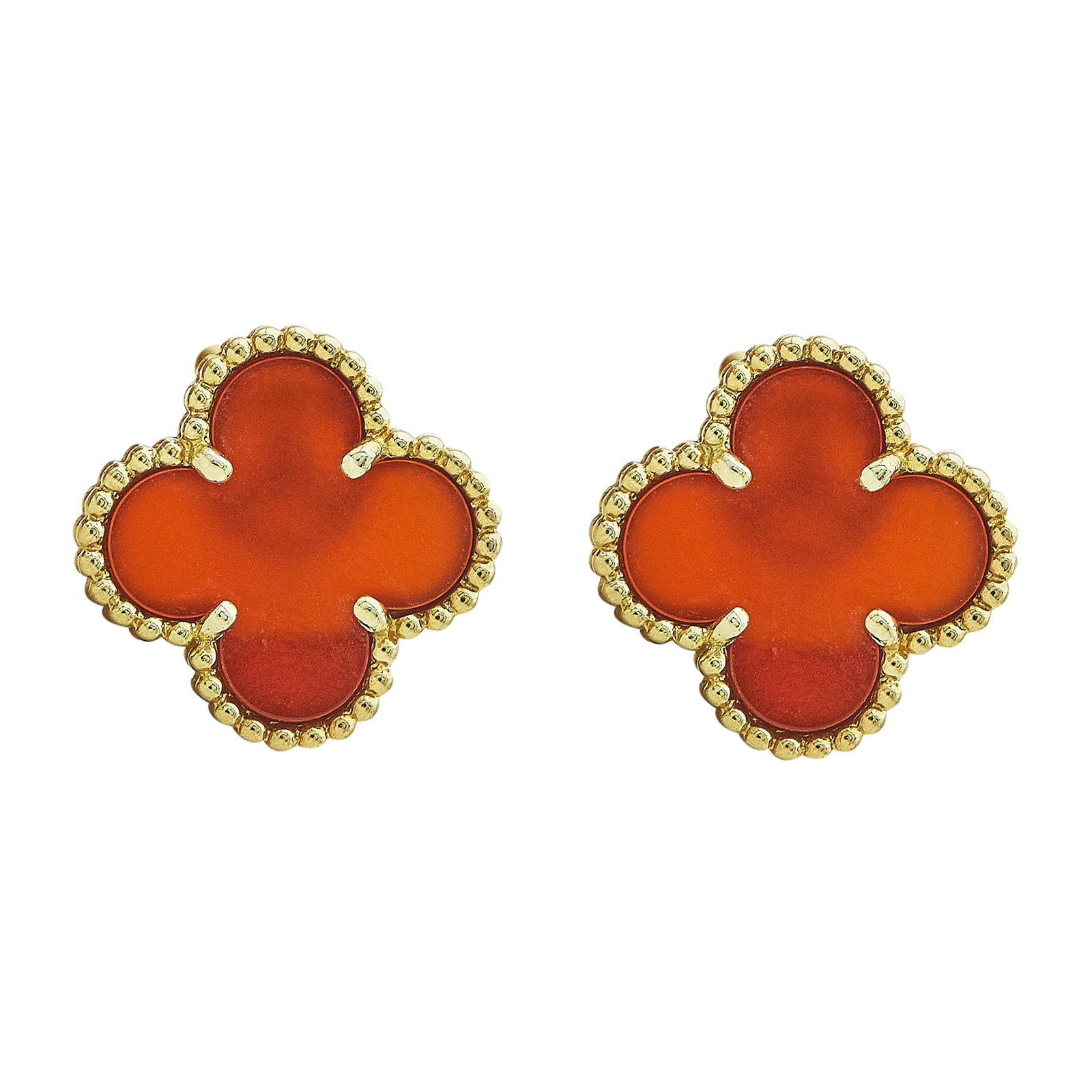 Van Cleef & Arpels Alhambra Vintage 18K Yellow Gold and Carnelian Earrings: BRAND: VCA; COLLECTION: Alhambra (Vintage); METAL: 18K Yellow Gold; GEMSTONES: Carnelian; STAMPED: VCA, Au750, Serial number, French marks, OR; CONDITION: Pre-owned, Very Good; ITEM WEIGHT (GRAMS): 7.