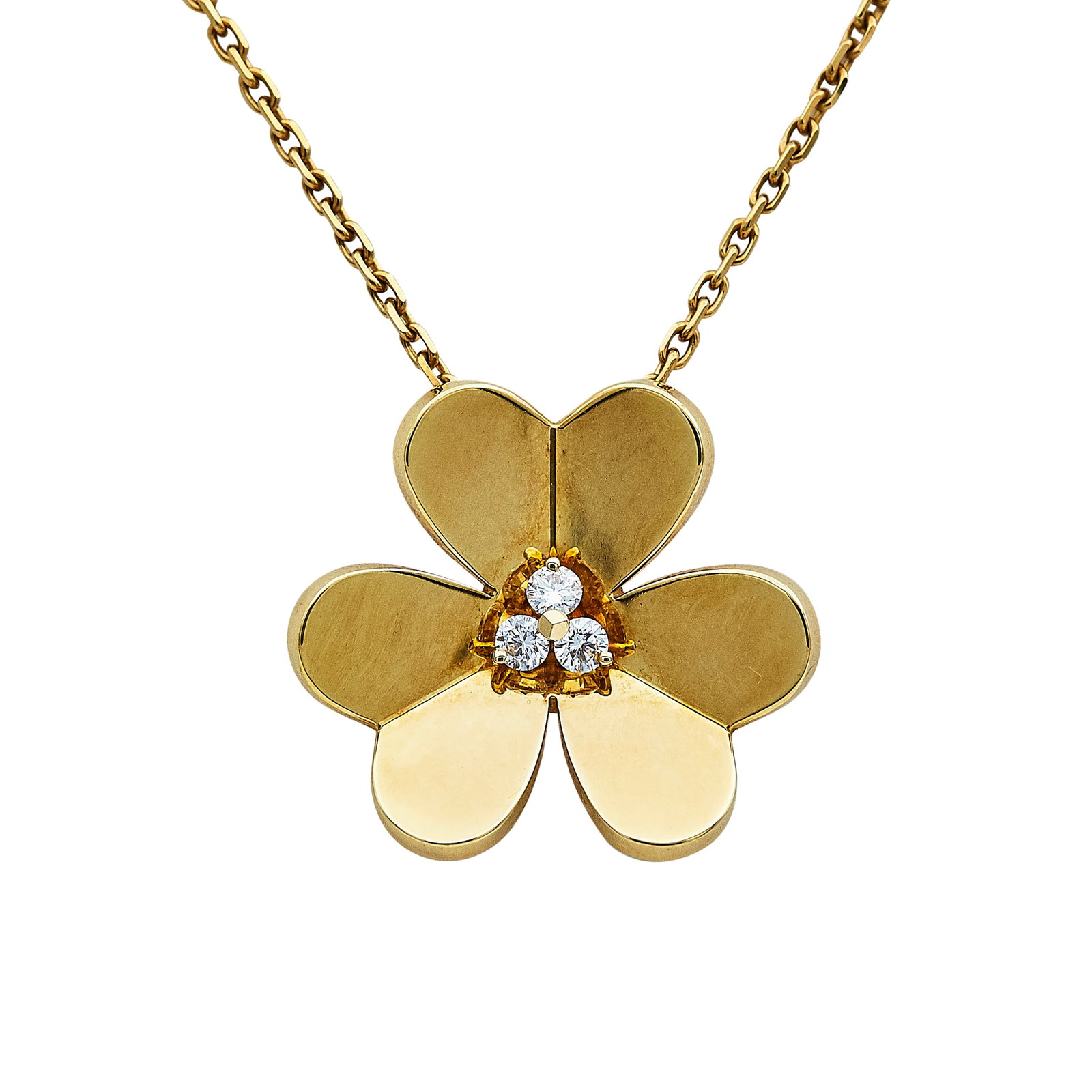 Van Cleef & Arpels Frivole Large Model 18K Yellow Gold and Diamond Pendant Necklace: BRAND: VCA; COLLECTION: Frivole; METAL: 18K Yellow Gold; APPROXIMATE TOTAL DIAMOND WEIGHT: 0.16 ctw; STAMPED: VCA, Au750, Serial number, Maker's mark; CONDITION: Pre-owned, Good; ITEM WEIGHT (GRAMS): 