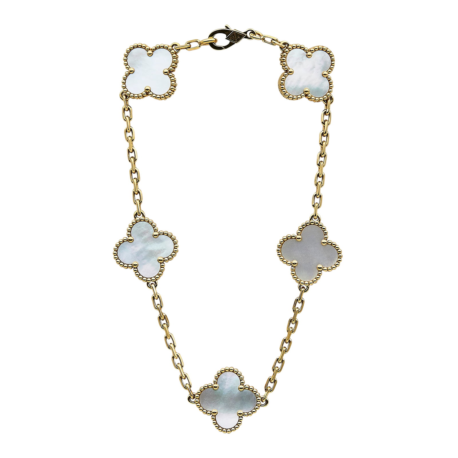 Van Cleef & Arpels Alhambra Vintage 18K Yellow Gold and Mother of Pearl Station Bracelet: BRAND: VCA; COLLECTION: Alhambra (Vintage); METAL: 18K Yellow Gold; GEMSTONES: Mother of Pearl; STAMPED: VCA, Au750, Serial number, Maker's mark; CONDITION: Pre-owned, Very Good; ITEM WEIGHT (GRAMS): 