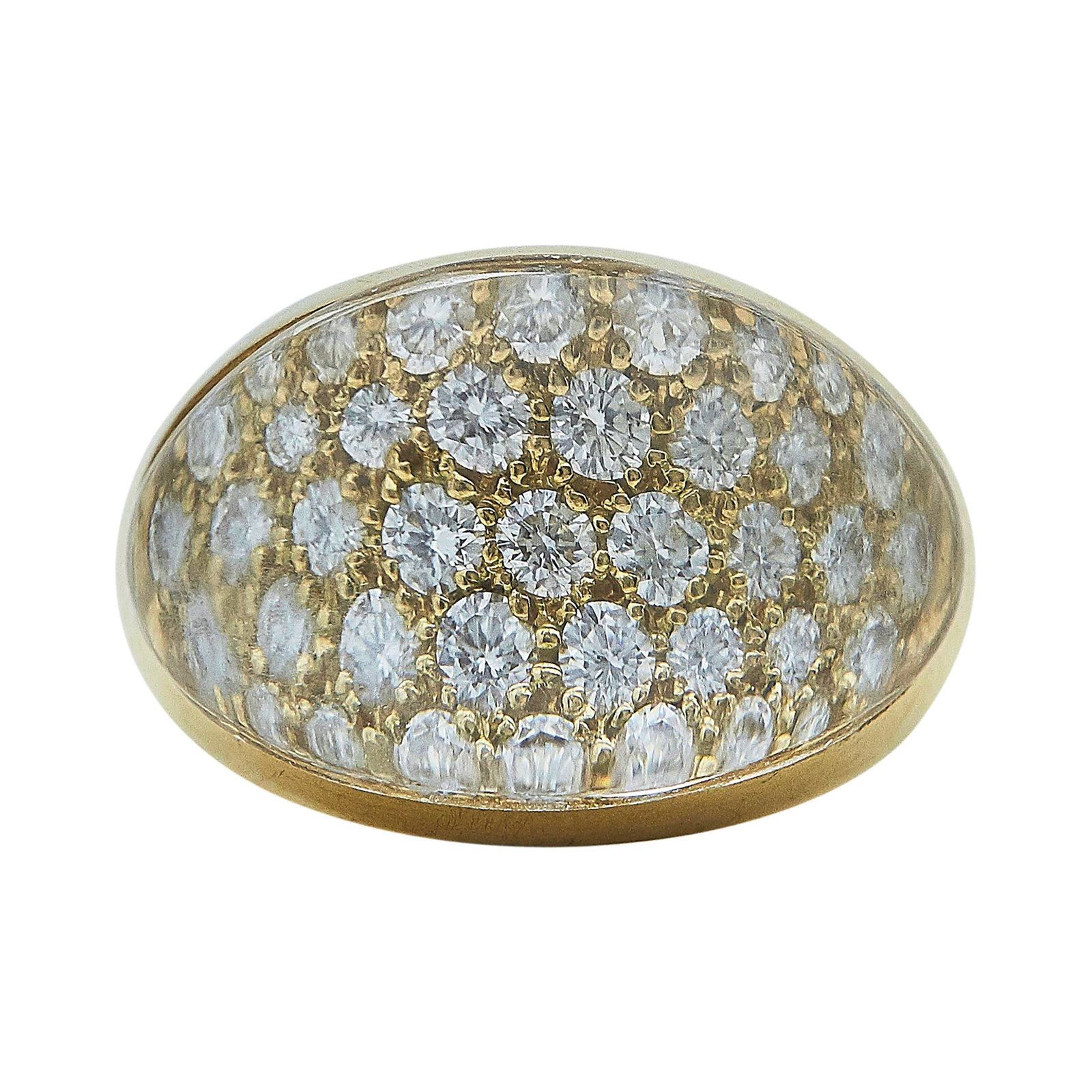 Cartier 18K Yellow Gold, Diamond, and Rock Crystal Quartz Bombe Ring: BRAND: Cartier; METAL: 18K Yellow Gold; APPROXIMATE TOTAL DIAMOND WEIGHT: 1 ctw; GEMSTONES: Rock Crystal Quartz; STAMPED: Cartier, 750, 52, Serial number, French marks; CONDITION: Pre-owned, Very Good