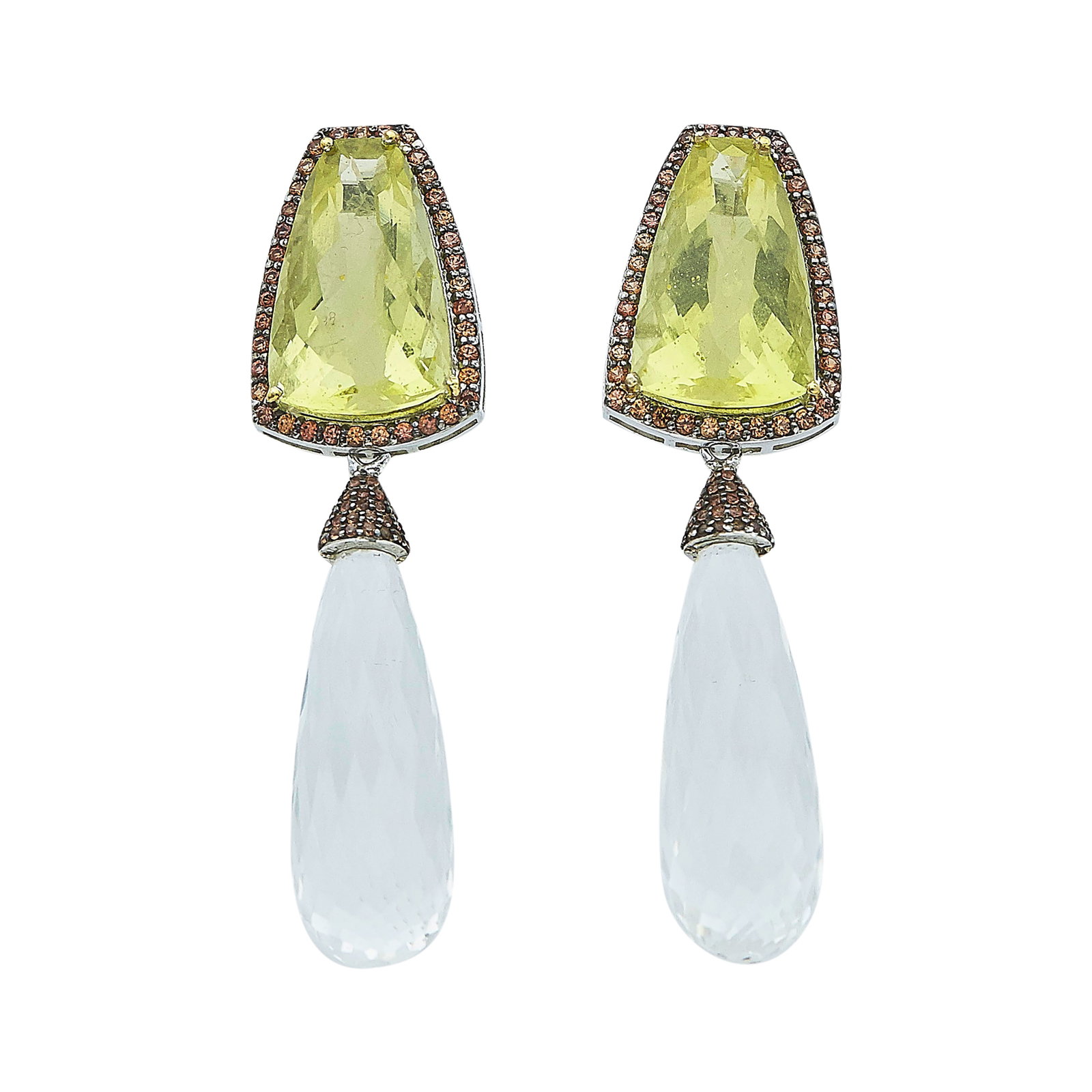 Silver, Yellow Quartz, Orange Sapphire, and Rock Crystal Quartz Briolette Pendant Earrings: METAL: Silver; GEMSTONES: Quartz and Orange Sapphire; STAMPED: Backs marked: 14K; TESTED: Silver; CONDITION: Pre-owned, Good; ITEM WEIGHT (GRAMS): 17 g; MEASUREMENTS: Earrings approx. 2 1/16 inches lo