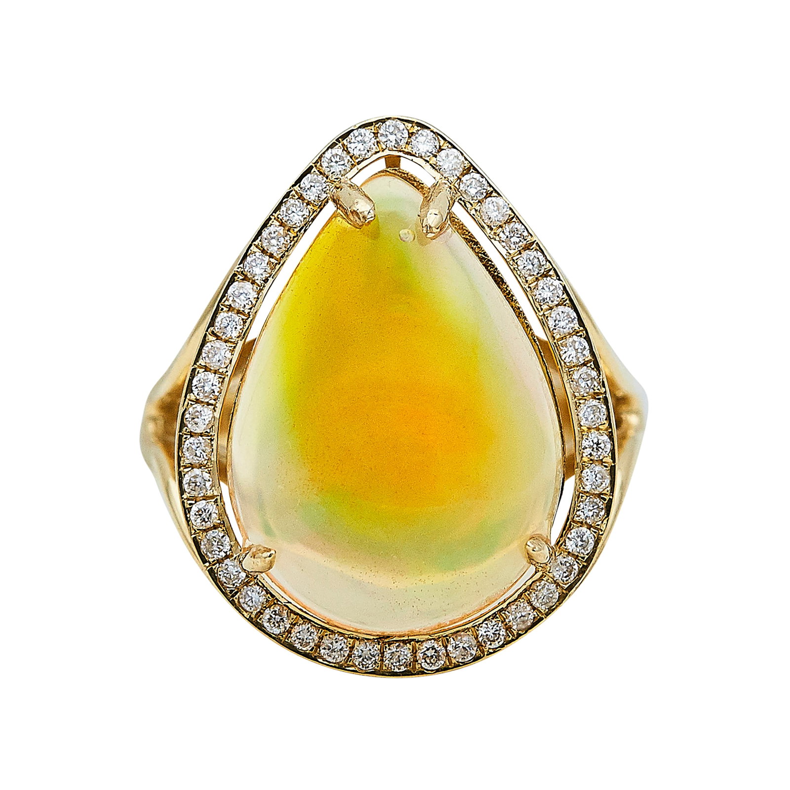 18K Yellow Gold, Fire Opal, and Diamond Ring: METAL: 18K Yellow Gold; APPROXIMATE TOTAL DIAMOND WEIGHT: 0.40 ctw; GEMSTONES: Fire Opal approx. 18.00 mm x 13.00 mm; STAMPED: 18K; CONDITION: Pre-owned, Very Good; ITEM WEIGHT (GRAMS): 6.9 g; MEASURE