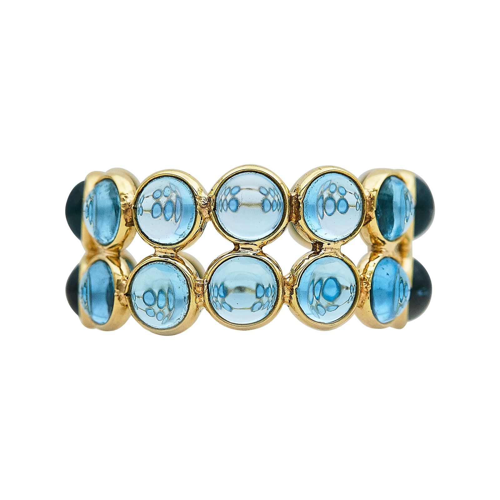18K Yellow Gold and Blue Topaz Double Band Ring: METAL: 18K Yellow Gold; GEMSTONES: Blue Topaz; STAMPED: 18K; CONDITION: Pre-owned, Very Good; ITEM WEIGHT (GRAMS): 3.7 g; MEASUREMENTS: Ring size 7