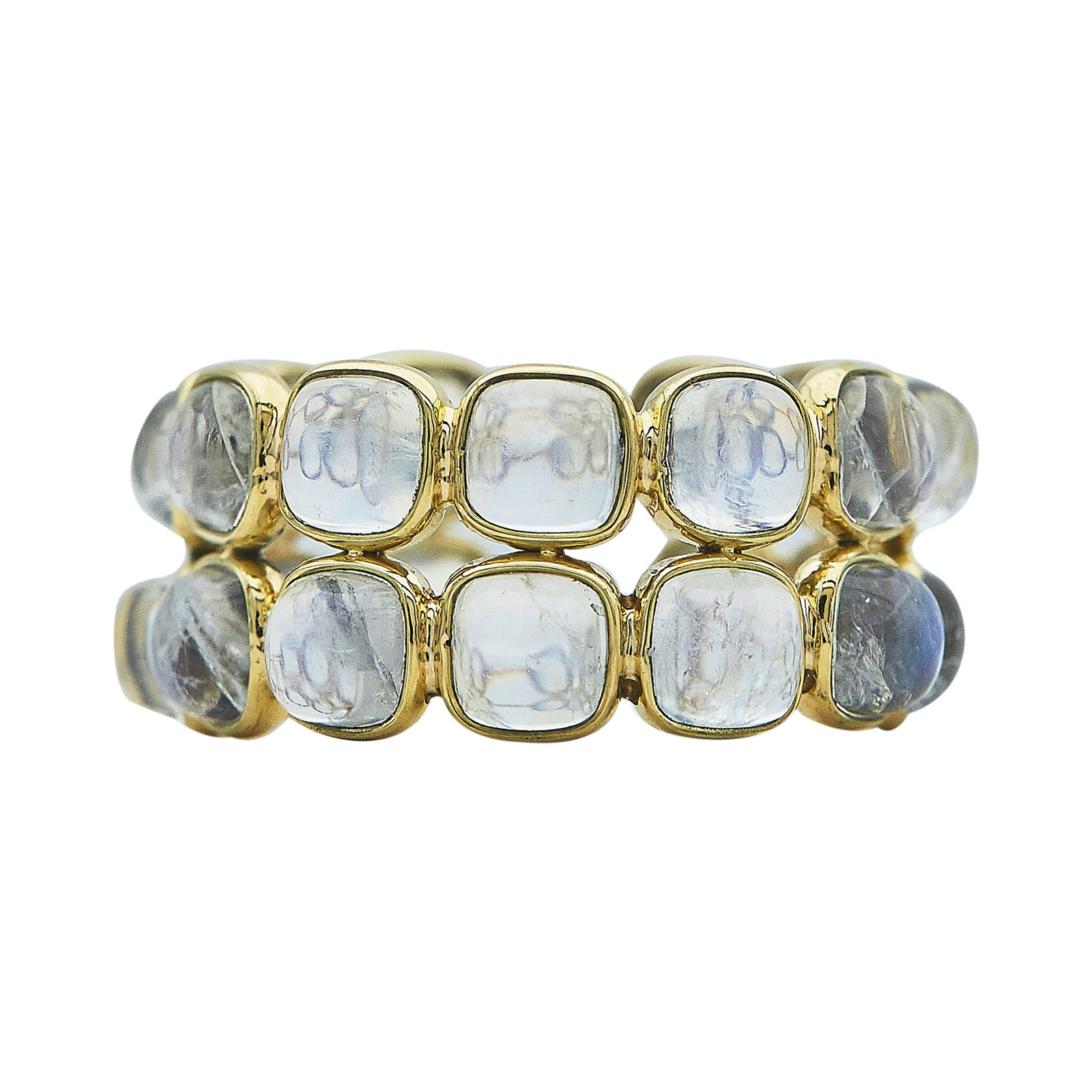 18K Yellow Gold and Moonstone Double Band Ring: METAL: 18K Yellow Gold; GEMSTONES: Moonstone; STAMPED: 18K; CONDITION: Pre-owned, Very Good; ITEM WEIGHT (GRAMS): 4.3 g; MEASUREMENTS: Ring size 6 1/2
