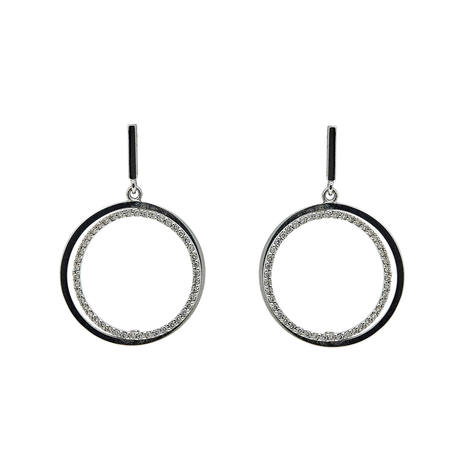 14K White Gold and Diamond Circle Drop Earrings: METAL: 14K White Gold; APPROXIMATE TOTAL DIAMOND WEIGHT: 0.50 ctw; TESTED: 14K White Gold; CONDITION: Pre-owned, Very Good; ITEM WEIGHT (GRAMS): 8 g; MEASUREMENTS: Earrings approx. 1 1/2 inch long x 1