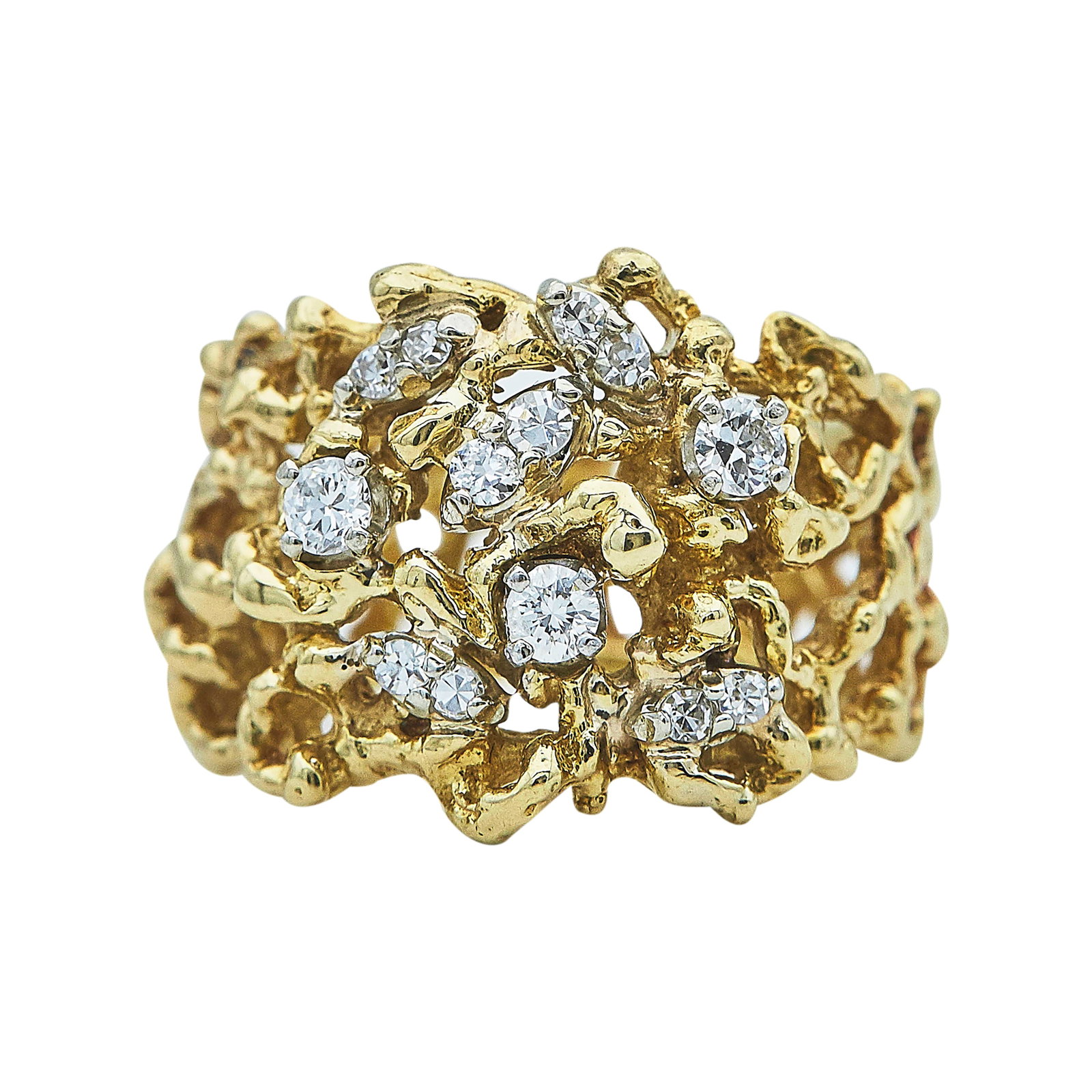 14K Yellow Gold and Diamond Cut-Out Band Ring: METAL: 14K Yellow Gold; APPROXIMATE TOTAL DIAMOND WEIGHT: 0.38 ctw; TESTED: 14K Yellow Gold; CONDITION: Pre-owned, Good; ITEM WEIGHT (GRAMS): 9.5 g; MEASUREMENTS: Ring size 6 1/4