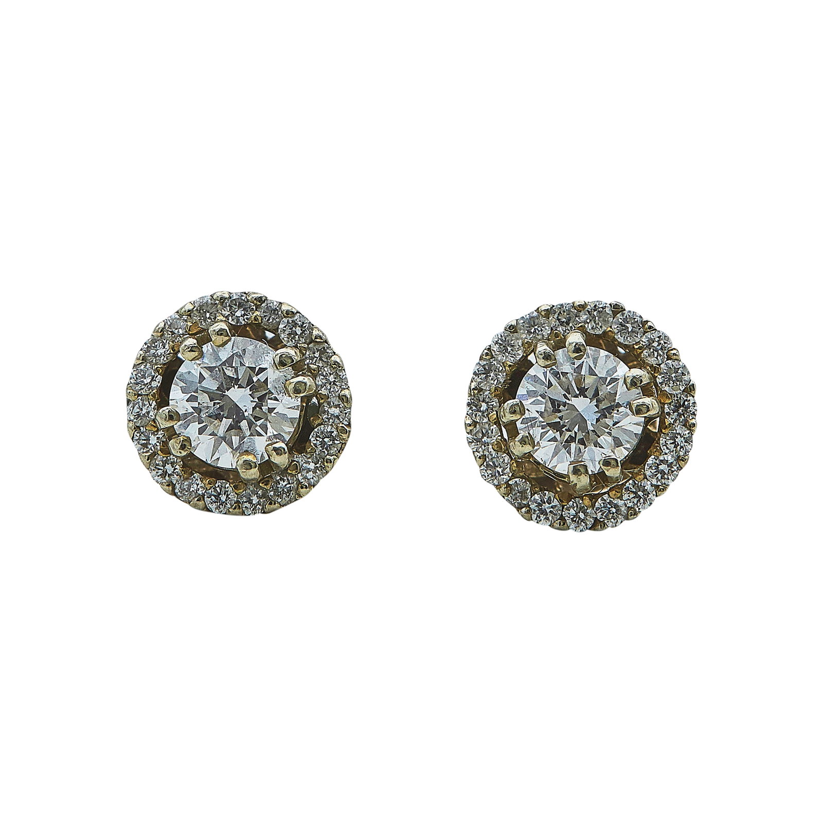 14K Yellow Gold and Diamond Solitaire Halo Stud Earrings: METAL: 14K Yellow Gold; APPROXIMATE TOTAL DIAMOND WEIGHT: 0.64 ctw; STAMPED: K14; CONDITION: Pre-owned, Very Good; ITEM WEIGHT (GRAMS): 1.5 g; MEASUREMENTS: Earrings approx. 1/4 inch in diameter; ADDI