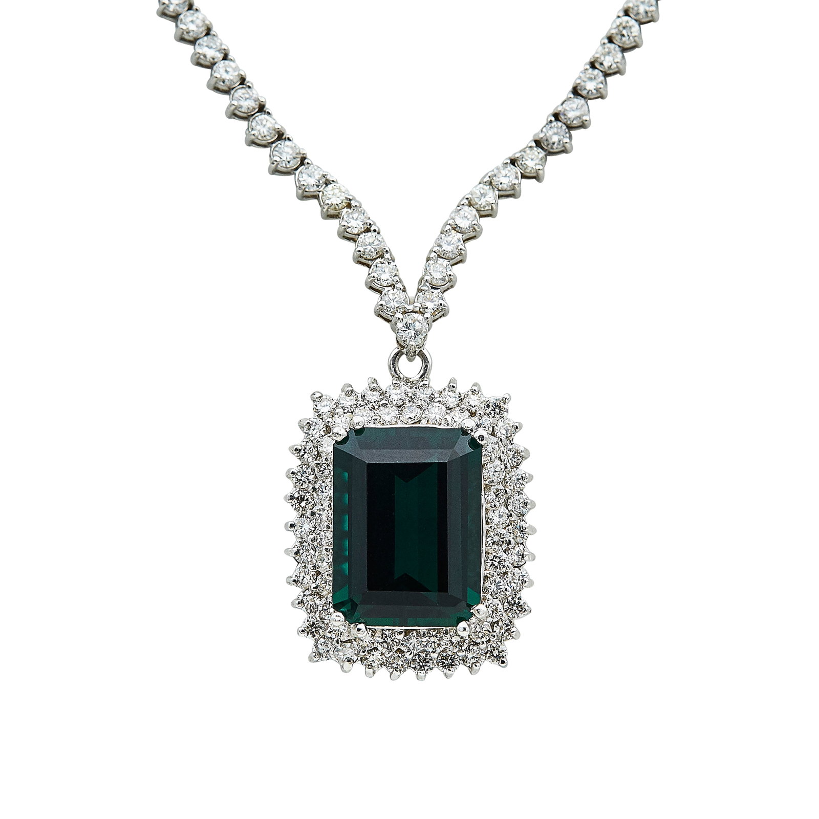 18K White Gold, Laboratory-Grown Quartz, and Diamond Pendant Necklace: METAL: 18K White Gold; APPROXIMATE TOTAL DIAMOND WEIGHT: 6 ctw; GEMSTONES: Laboratory-Grown Quartz, LG Quartz approx. 16.25 x 12.25 x 8.00 mm; STAMPED: 18K; CONDITION: Pre-owned, Very Good; ITEM WEIGH