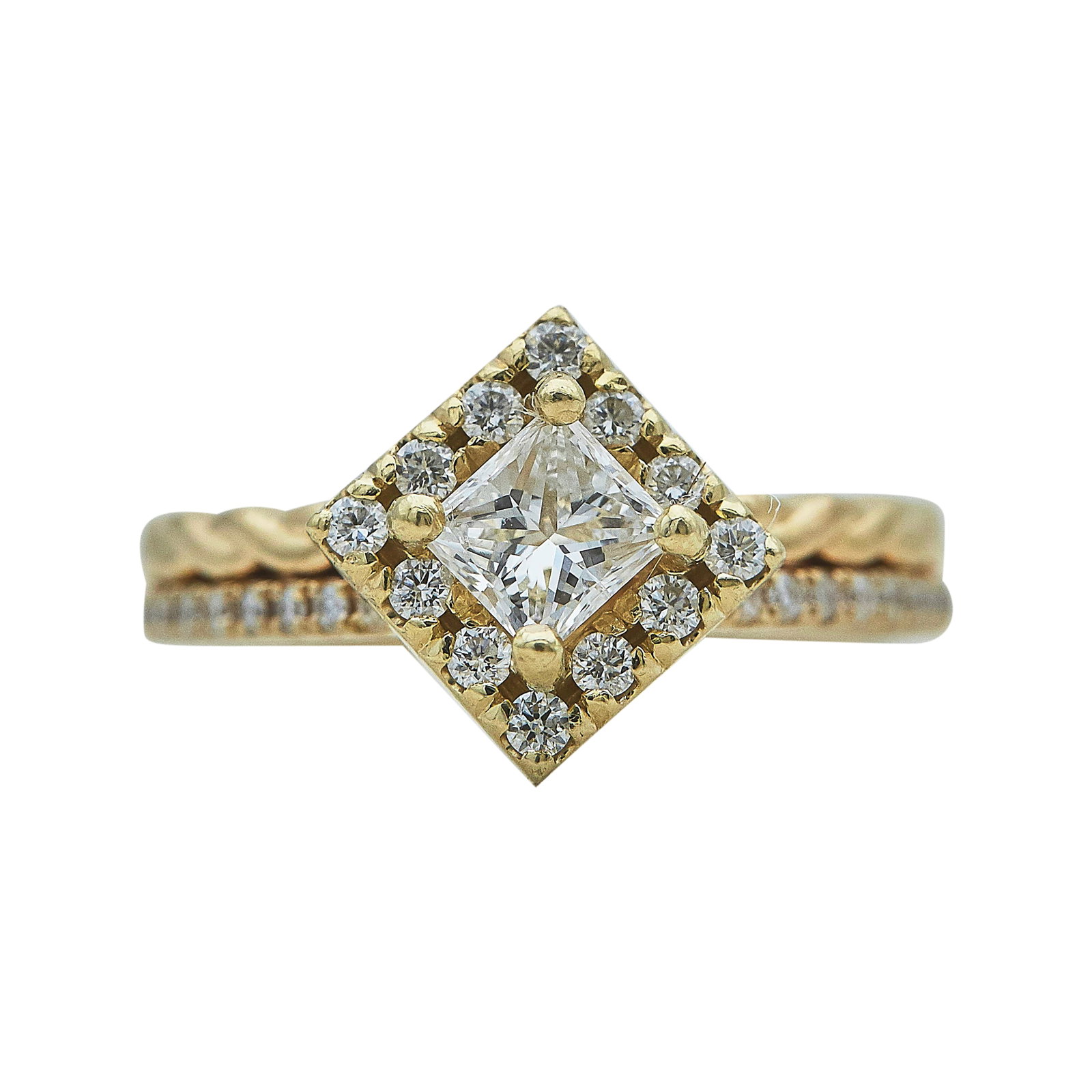 14K Yellow Gold and Princess Cut Diamond Solitaire Ring: METAL: 14K Yellow Gold; APPROXIMATE TOTAL DIAMOND WEIGHT: 1.03 ctw; STAMPED: Rubbed marks; TESTED: 14K Yellow Gold; CONDITION: Pre-owned, Good; ITEM WEIGHT (GRAMS): 4.6 g; MEASUREMENTS: Ring size 4 3/
