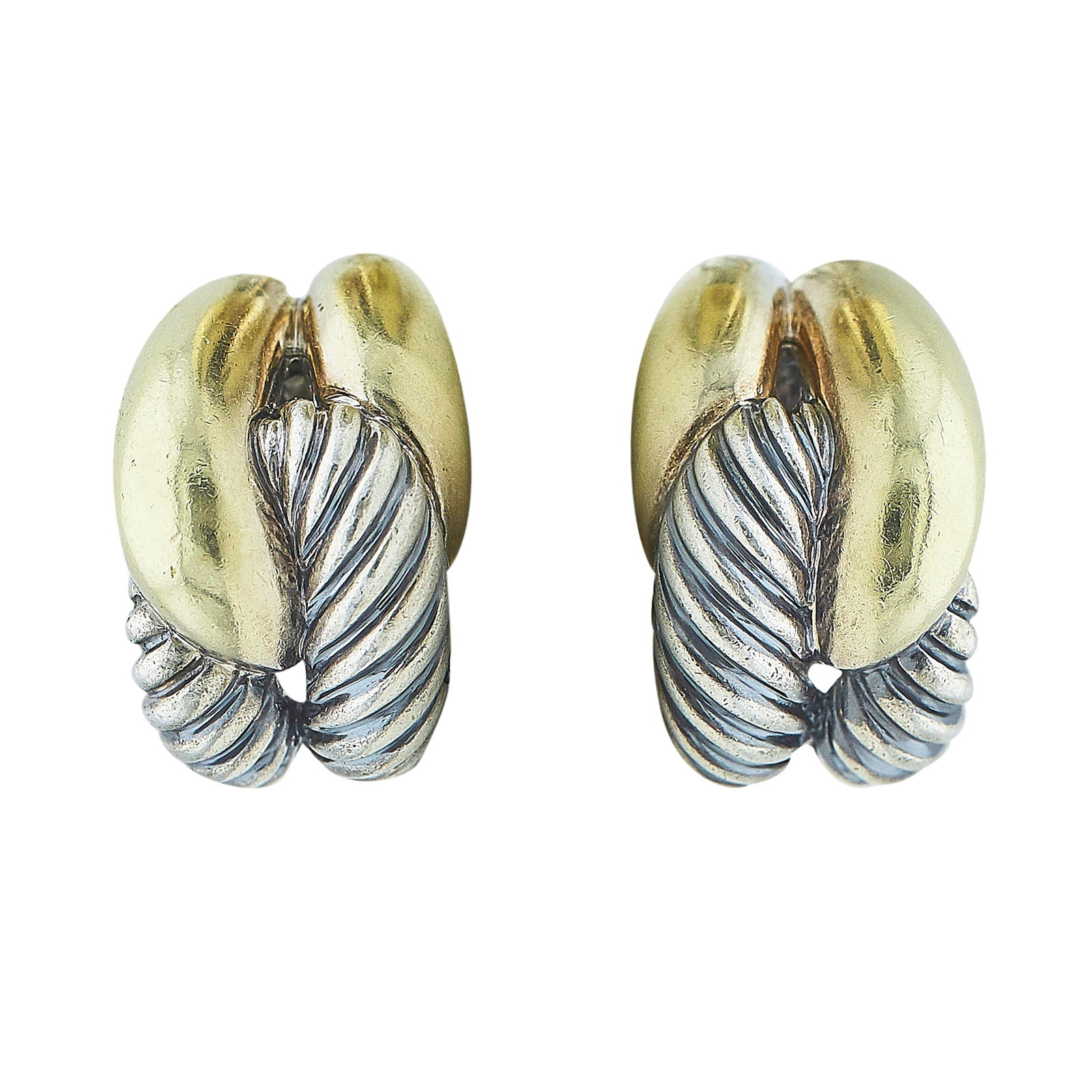 David Yurman Silver and 14K Yellow Gold Earrings: BRAND: David Yurman; METAL: Silver/14K Yellow Gold; STAMPED: © D.Y., 925, 585; CONDITION: Pre-owned, Good; ITEM WEIGHT (GRAMS): 25.9 g; MEASUREMENTS: Earring approx. 13/16 inch long x 1/2 inch wide; 