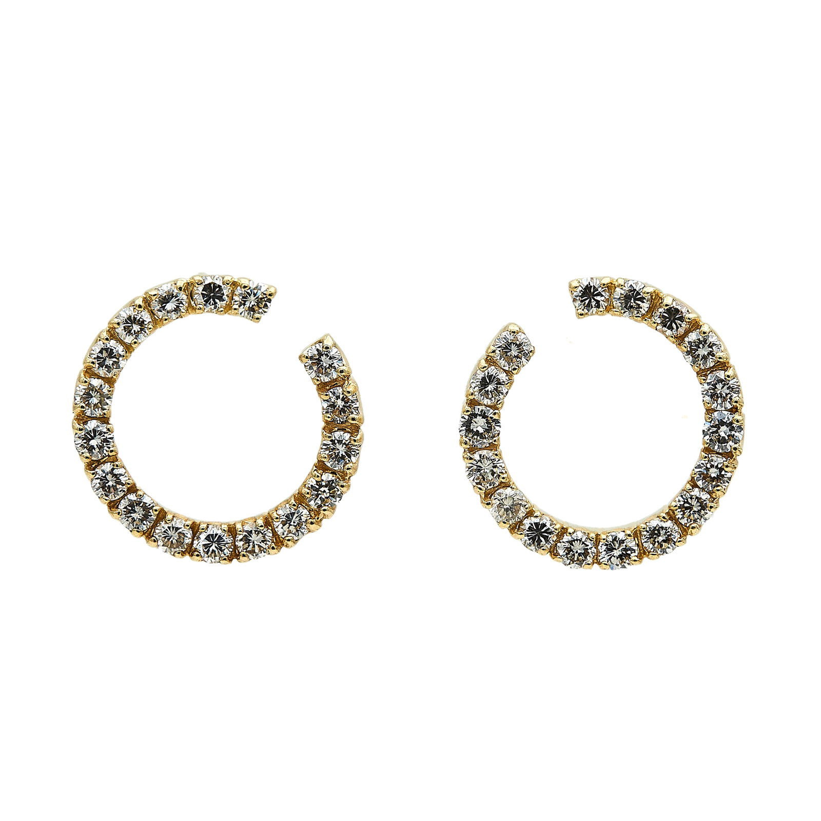 14K Yellow Gold and Diamond Open-Circle Earrings: METAL: 14K Yellow Gold; APPROXIMATE TOTAL DIAMOND WEIGHT: 3.25 ctw; STAMPED: Backs marked: 14K; TESTED: 14K Yellow Gold; CONDITION: Pre-owned, Very Good; ITEM WEIGHT (GRAMS): 8.9 g; MEASUREMENTS: Earr