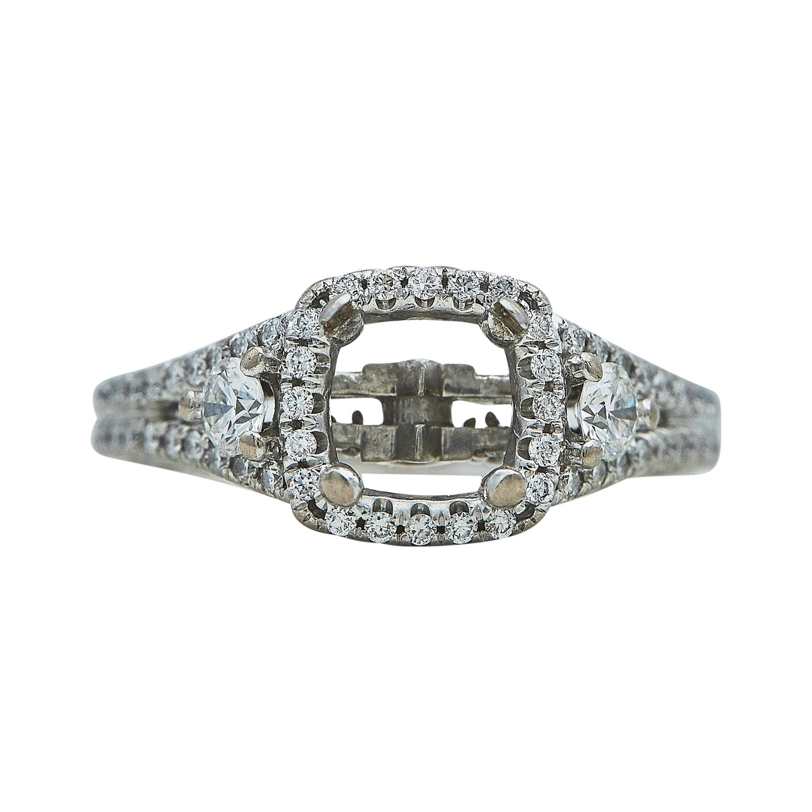 18K White Gold and Diamond Engagement Ring Setting: METAL: 18K White Gold; APPROXIMATE TOTAL DIAMOND WEIGHT: 0.94 ctw; TESTED: 18K White Gold; CONDITION: Pre-owned, Good; ITEM WEIGHT (GRAMS): 4.8 g; MEASUREMENTS: Ring size 4 1/2, Center will fit approx