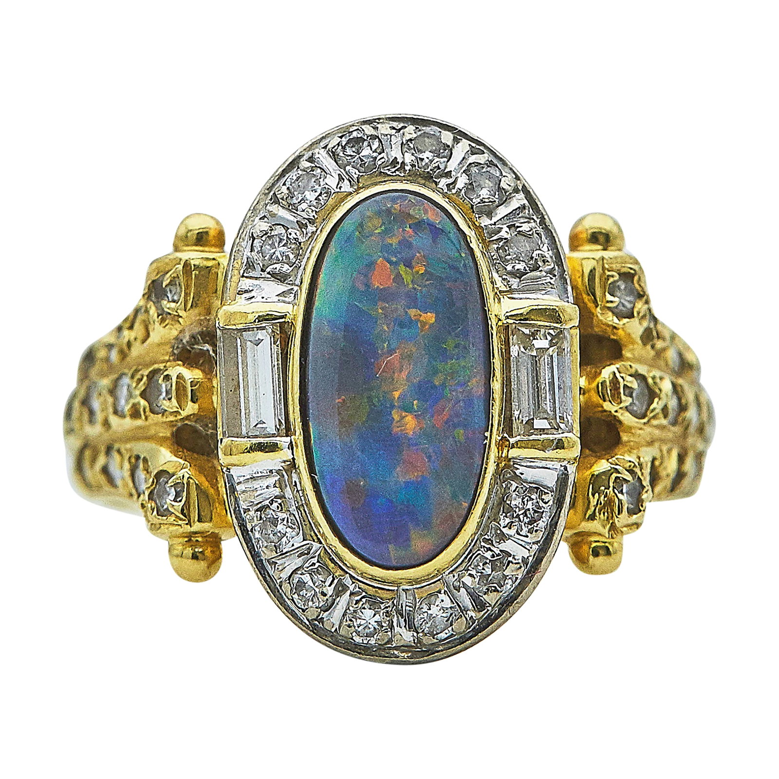 18K Yellow & White Gold, Opal Doublet, and Diamond Ring: METAL: 18K Yellow Gold/White Gold; APPROXIMATE TOTAL DIAMOND WEIGHT: 0.50 ctw; GEMSTONES: Opal Doublet approx. 11.20 mm x 5.30 mm; STAMPED: Maker's mark, 750, 18K; CONDITION: Pre-owned, Good; ITEM WEI