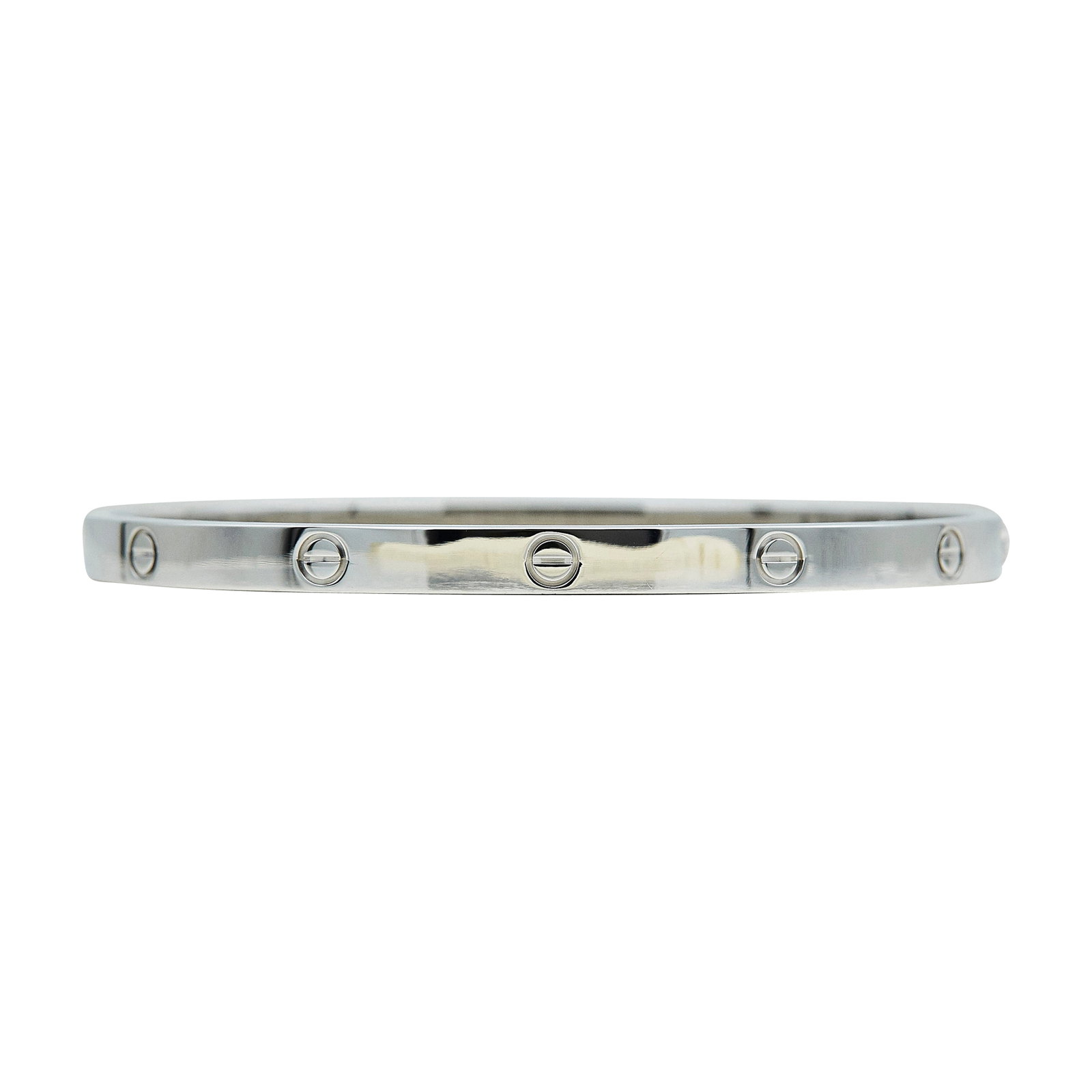 Cartier Love Medium Model 18K White Gold Bracelet: BRAND: Cartier; COLLECTION: Love; METAL: 18K White Gold; STAMPED: © Cartier, 19, Serial number, Au750, French mark; CONDITION: Pre-owned, Very Good; ITEM WEIGHT (GRAMS): 29.4 g; MEASUREMENTS: Cartier