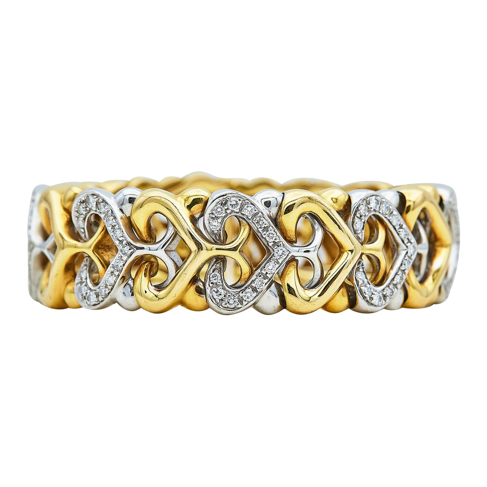 Bulgari Bvlgari 18K Yellow and White Gold Diamond Interlocking Hearts Cuff Bracelet: BRAND: Bulgari; METAL: 18K Yellow Gold/White Gold; APPROXIMATE TOTAL DIAMOND WEIGHT: 1.05 ctw; STAMPED: Bvlgari, Italian workshop marks, 750, Italy; CONDITION: Pre-owned, Very Good; ITEM WEIGHT (GRAMS