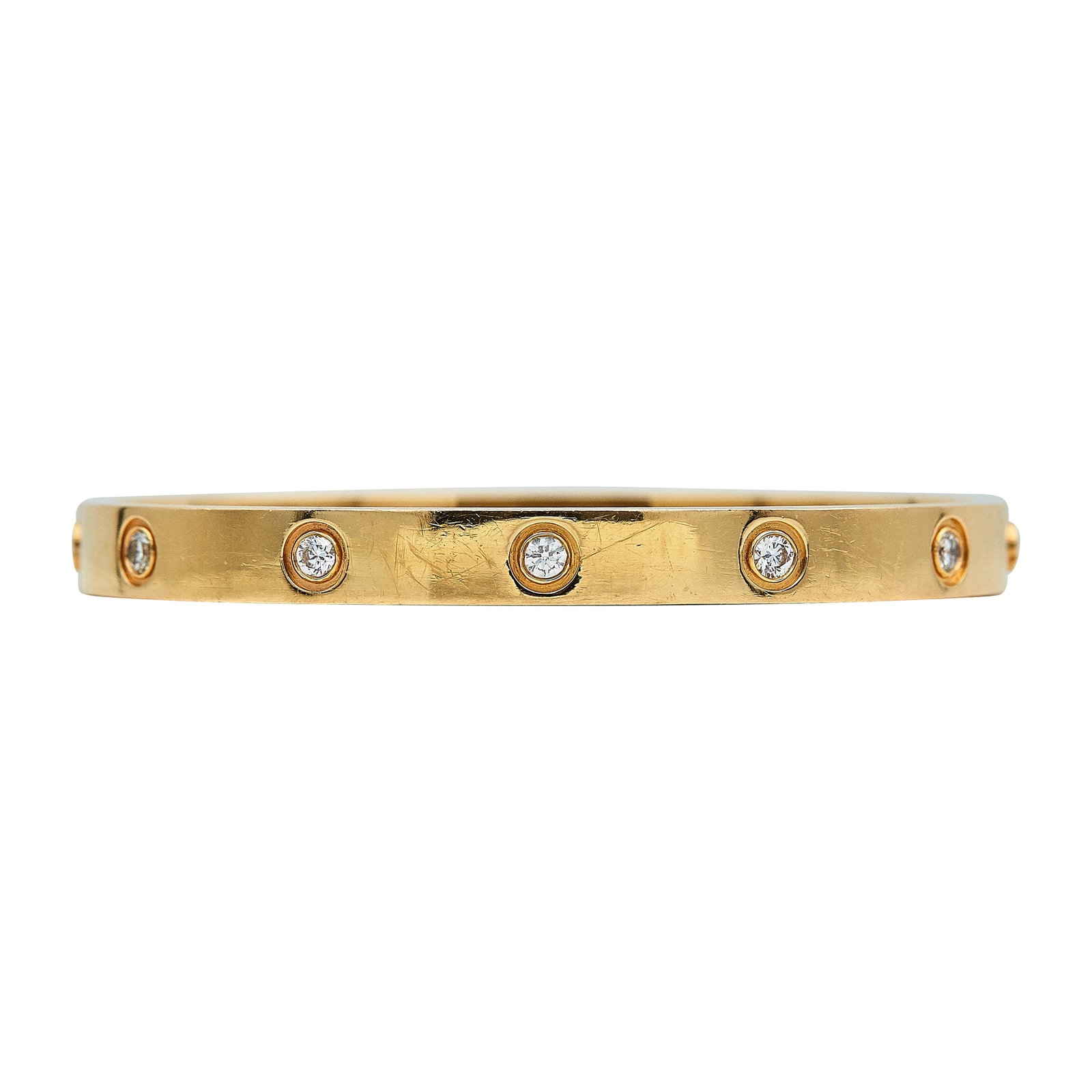 Cartier Love Classic Model 18K Rose Gold and 10 Diamond Bracelet: BRAND: Cartier; COLLECTION: Love; METAL: 18K Rose Gold; APPROXIMATE TOTAL DIAMOND WEIGHT: 0.96 ctw; STAMPED: Cartier, 750, 17, © , Serial number, Maker's mark; CONDITION: Pre-owned, Good; ITEM WEIGHT